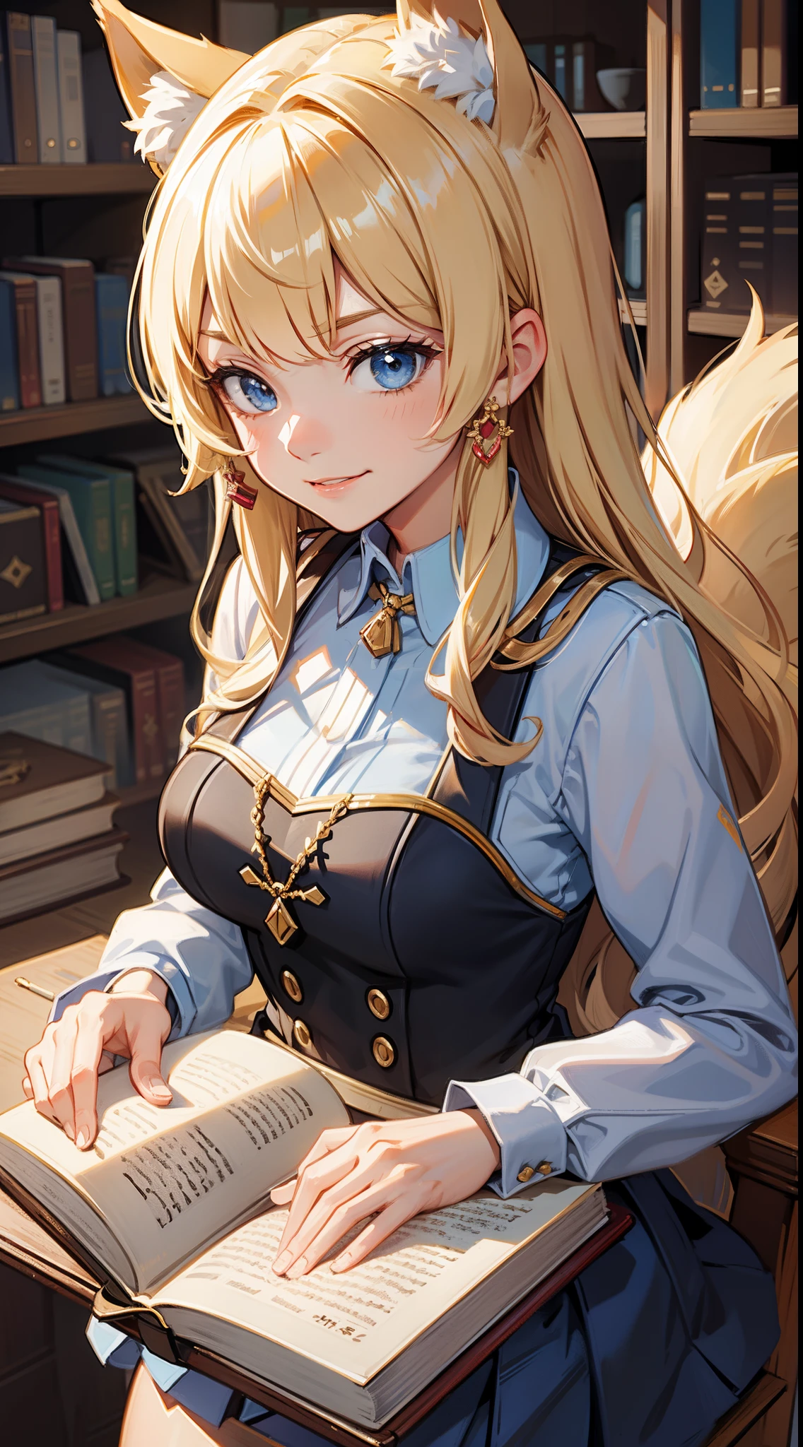 (Medium portrait:0.7), (best illuminate:1.1), (coiffed blonde hair:1.1), 1个Giant Breast Girl, Wolf ears, serious smile, Complex:0.6, medium, (ayaka:1.2), in the middle of the library, looking at book, Chopping:0.8, (canineteeth:0.4)