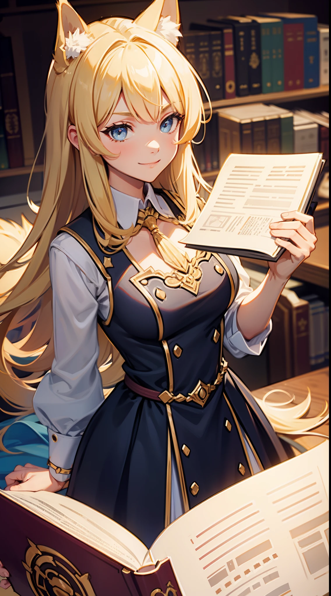 (Medium portrait:0.7), (best illuminate:1.1), (coiffed blonde hair:1.1), 1个Giant Breast Girl, Wolf ears, serious smile, Complex:0.6, medium, (ayaka:1.2), in the middle of the library, looking at book, Chopping:0.8, (canineteeth:0.4)
