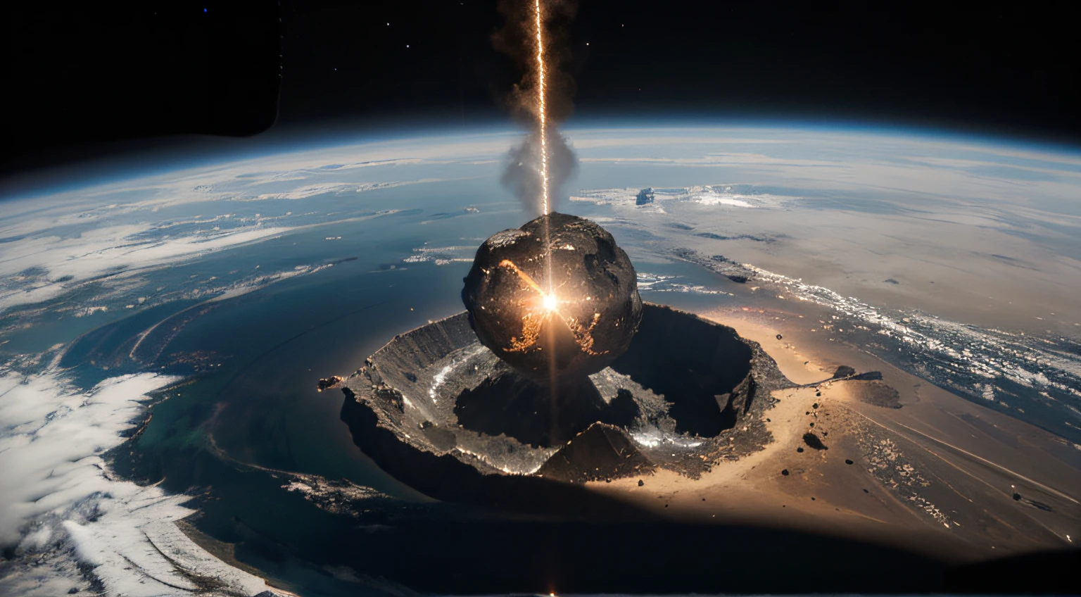 panorama de un meteorito chocando con la tierra, Everything seen from the window of an orbiting space station., la cara de susto de un astronauta reflejada en el vidrio de la ventana