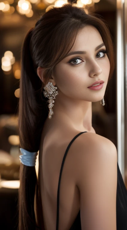 woman posing for a photo, (wearing deep_v-neck_dress:1.2), (long_ponytail_hairstyle:1.3),
good hand,4k, high-res, masterpiece, best quality, head:1.3,((Hasselblad photography)), finely detailed skin, sharp focus, (cinematic lighting), night, soft lighting, dynamic angle, [:(detailed face:1.2):0.2],(((5 stars hotel background))),