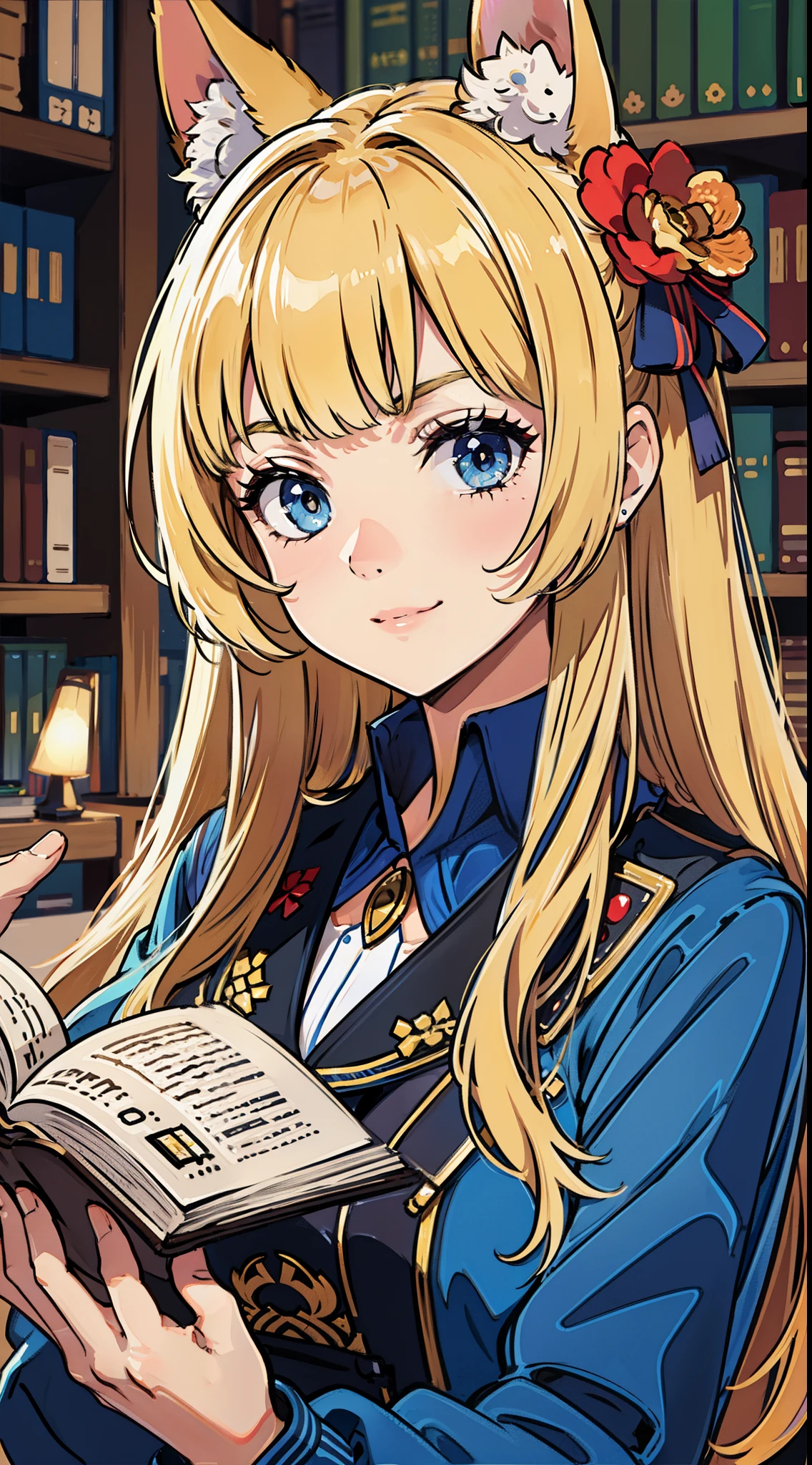 (Medium portrait:0.7), (best illuminate:1.1), (coiffed blonde hair:1.1), 1个Giant Breast Girl, Wolf ears, serious smile, Complex:0.6, medium, (ayaka:1.2), in the middle of the library, looking at book, Chopping:0.8, (canineteeth:0.4)