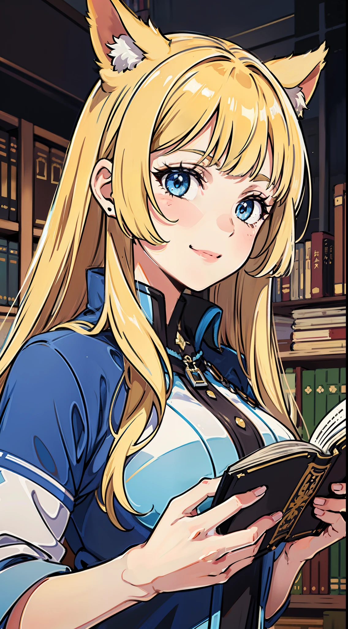 (Medium portrait:0.7), (best illuminate:1.1), (coiffed blonde hair:1.1), 1个Giant Breast Girl, Wolf ears, serious smile, Complex:0.6, medium, (ayaka:1.2), in the middle of the library, looking at book, Chopping:0.8, (canineteeth:0.4)