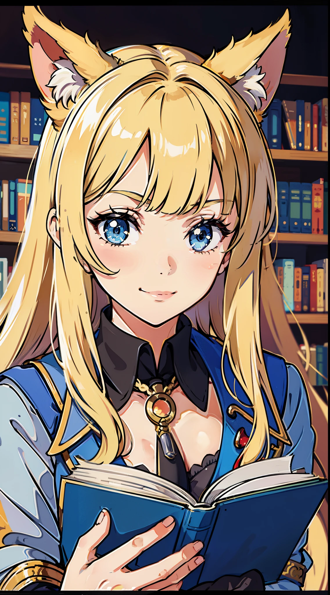 (Medium portrait:0.7), (best illuminate:1.1), (coiffed blonde hair:1.1), 1个Giant Breast Girl, Wolf ears, serious smile, Complex:0.6, medium, (ayaka:1.2), in the middle of the library, looking at book, Chopping:0.8, (canineteeth:0.4)