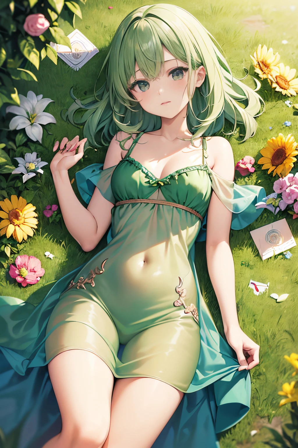 (MASTERPIECE), (Best Quality), (Super Detail), Official Art, One Girl, Lori with Pale Green Hair, Petite ***********, Lori, Green and Yellow See-Through Dress, Sleeveless, Off Shoulder, Small, Very Small Breasts, Small, Cleavage, Thigh Focus, Navel Out, The Lower Half of the Chest Is Bare Skin, Card Illustration, Wind