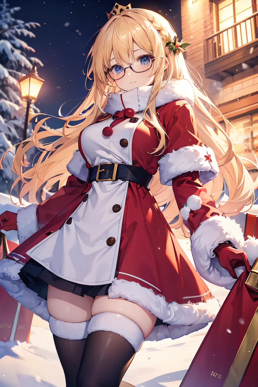 "anime girl, 1 person, bright blonde hair, glasses, crown on head, santa shirt, santa suit, winter suit, winter dress, red dress, big breasts, stockings, standing cross legs, character perspective, snowfall, christmas gift box, christmas, solo, (full HD 4K+ image)"