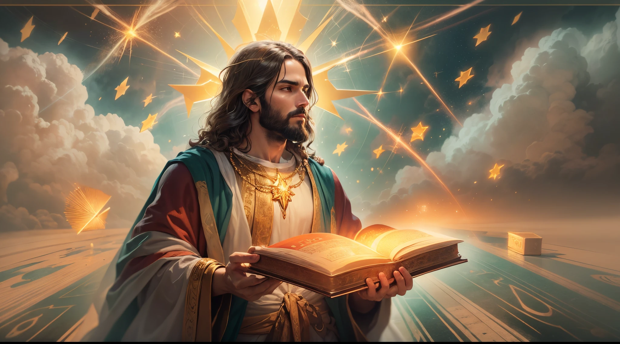 dinheiro, SACRED BIBLE, POWERFUL PRAYER, Biblical setting, Jesus in prayer , Gold in abundance, sacred prayer. prosperidade, riqueza, velas de ouro, jesus cristo, chuva de ouro, nuvens, estrelas cintilantes, 8k