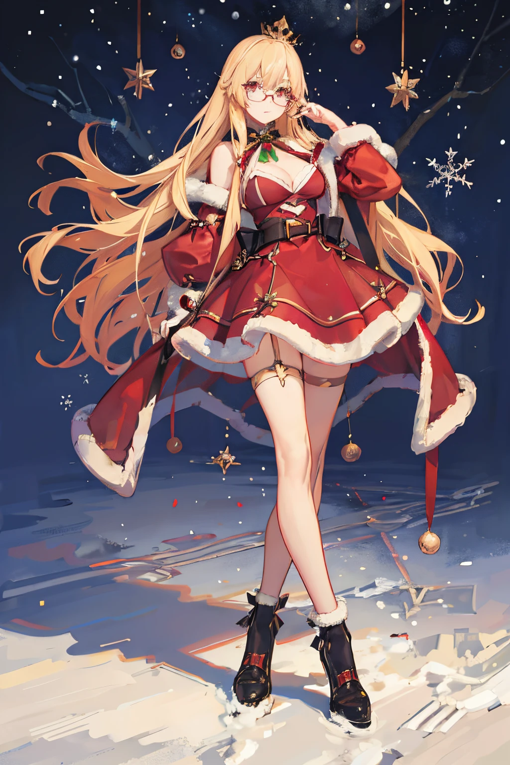 "anime girl, 1 person, bright blonde hair, glasses, crown on head, santa shirt, santa suit, winter suit, winter dress, red dress, big breasts, stockings, standing cross legs, snowfall, christmas gift box, christmas, solo, (full HD 4K+ image)"