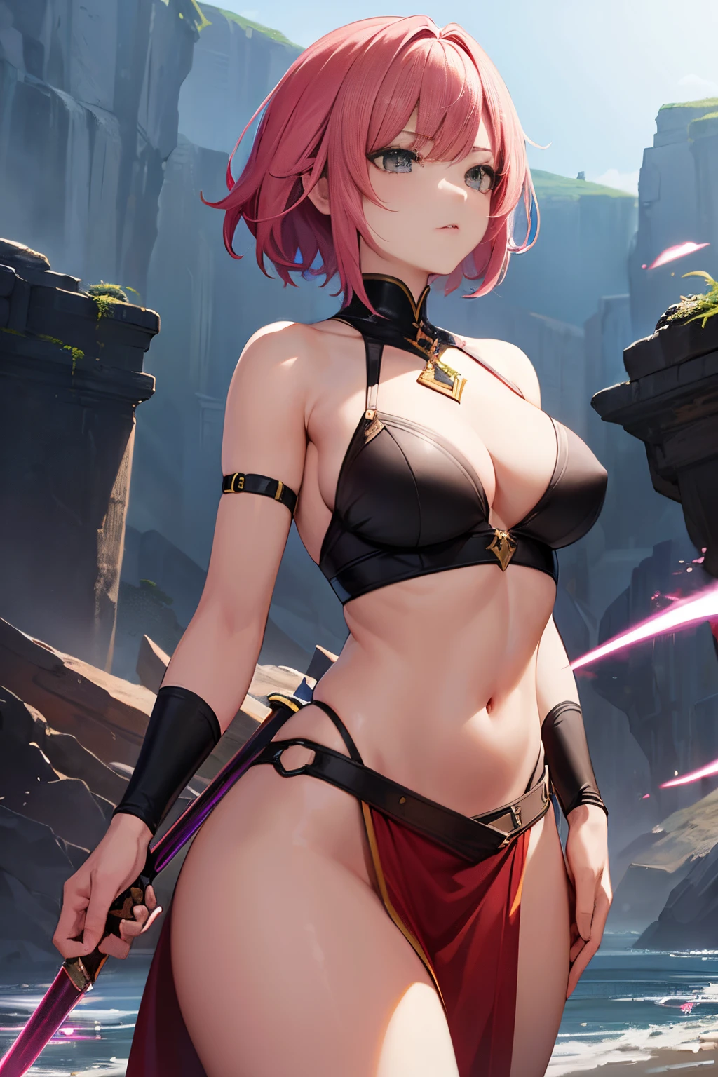 (Female, A warrior, Use sword as main weapon、 Short hairstyle, Hair color is pink、subton is red, artwork base color (verdant), yellows and blacks), (Best Quality, hight resolution, Ultra-detailed), (Illustration, Concept Artist), (Vivid colors, Sharp Focus), (Subtle lighting).(Fluttering chest),(Soft breasts:1.2),,(thick thight:1.3),elegent、Strong will、Clear eyes、Friendly atmosphere、sea side、Adulthood