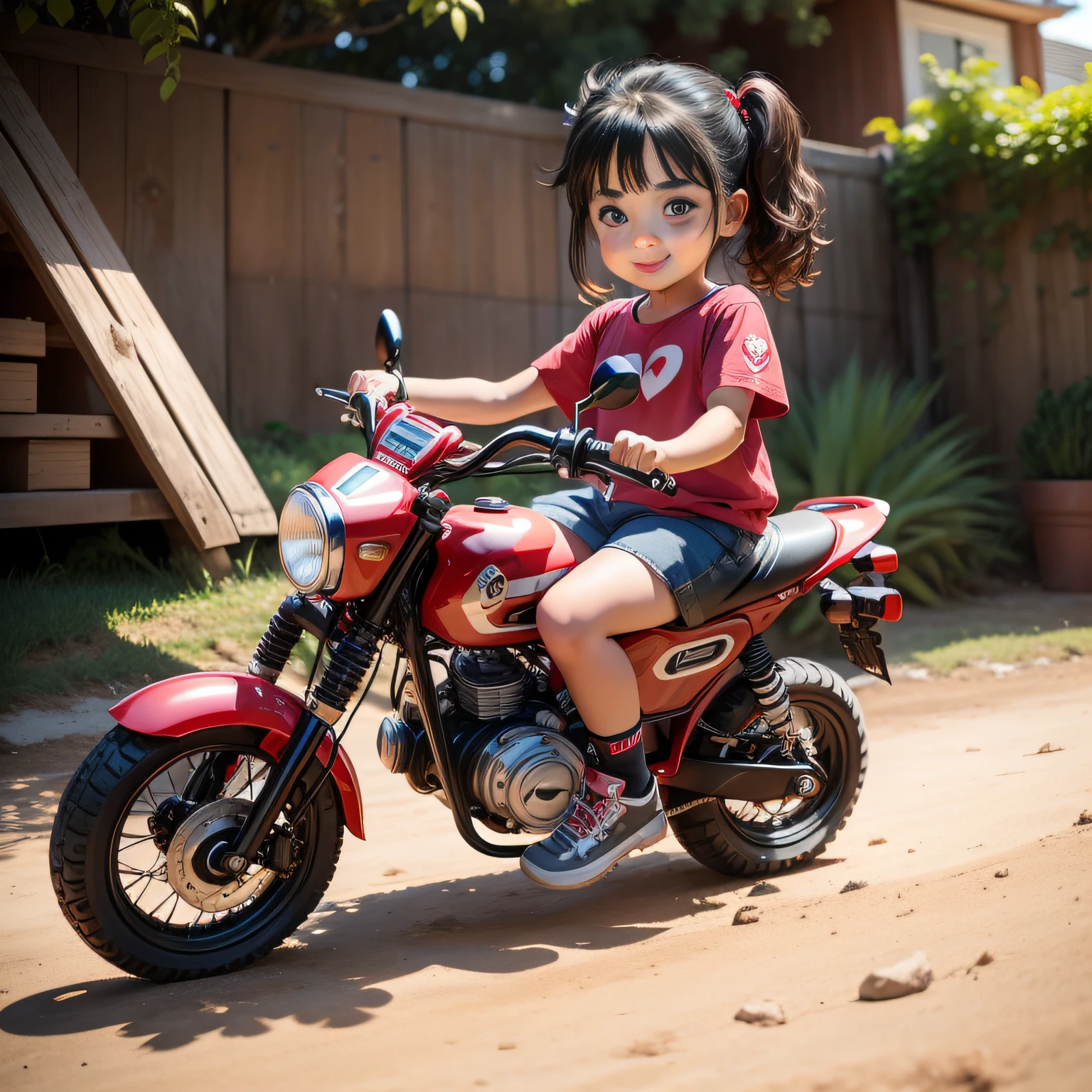 Uma menininha de 7 anos, with bright eyes and a heart full of enthusiasm, Make the most of your red mini-bike in the backyard.