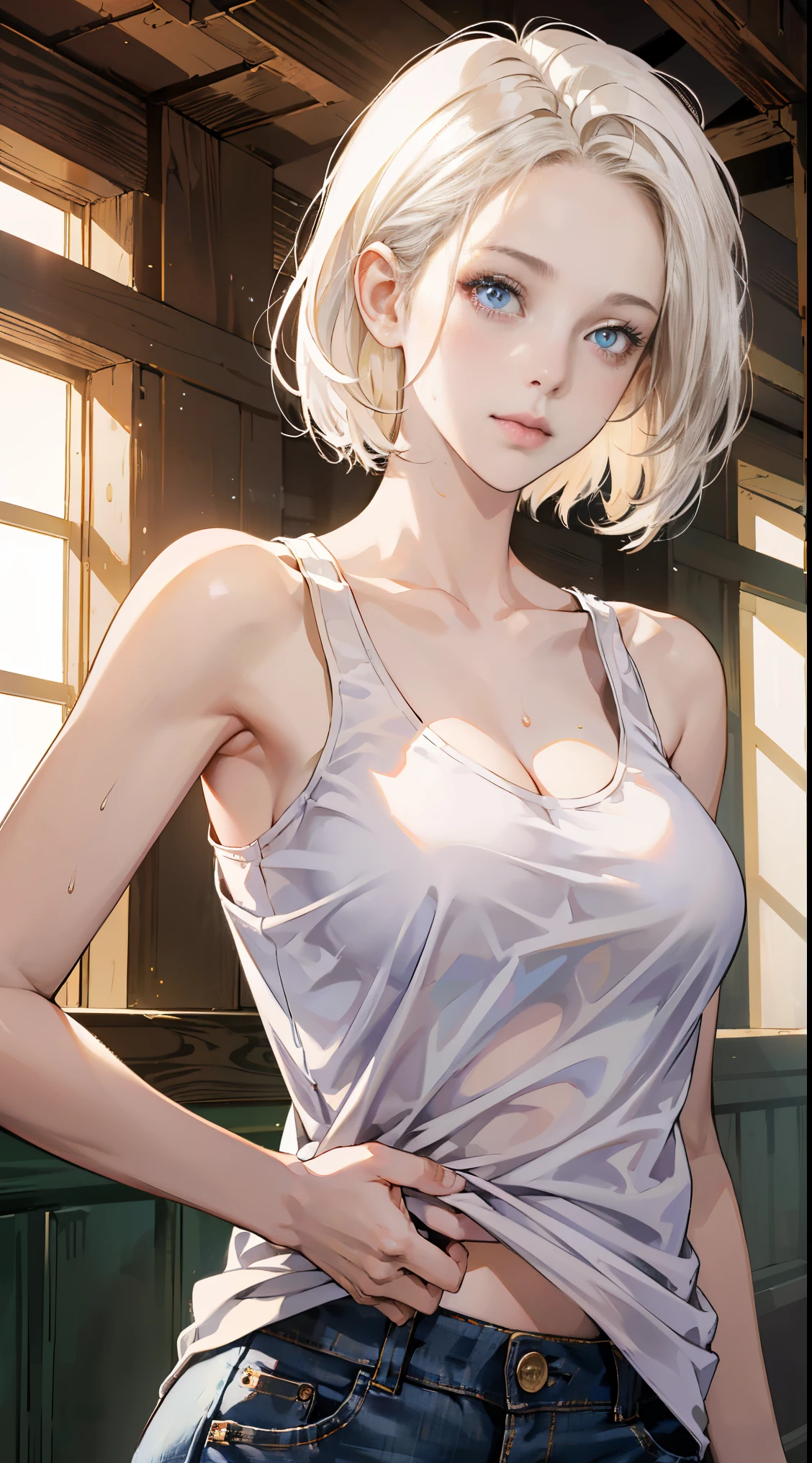 ((((masutepiece, Best Quality, High resolution)))), extremely detailed 8K, Beautiful girl with a slender body, (Ultra HD, Ultra-detailed, Highly detailed, Highly realistic, Ultra-realistic, photos realistic), (1girl in:1.5), (realistic white hair), short wavy hair, bob cuts, (Dynamic Poses), facing at camera, lightsmile, Purple eyes, (Large breasts: 1.2), (beautifull detailed face, Beautiful detailed eyes), (White tank top, Thin material), cleavage, Dark Jeans Shorts, Glow, Sweat, (sun beam, Sunlight)