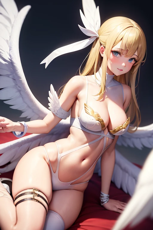 blonde hair, white bra, white lingerie, white underwear, long hair, angel wings,large breasts, bare shoulders, elbow gloves, feathered wings, gloves, head wings, navel, pink ribbon, ribbon, single elbow glove, single glove, thigh strap, wings