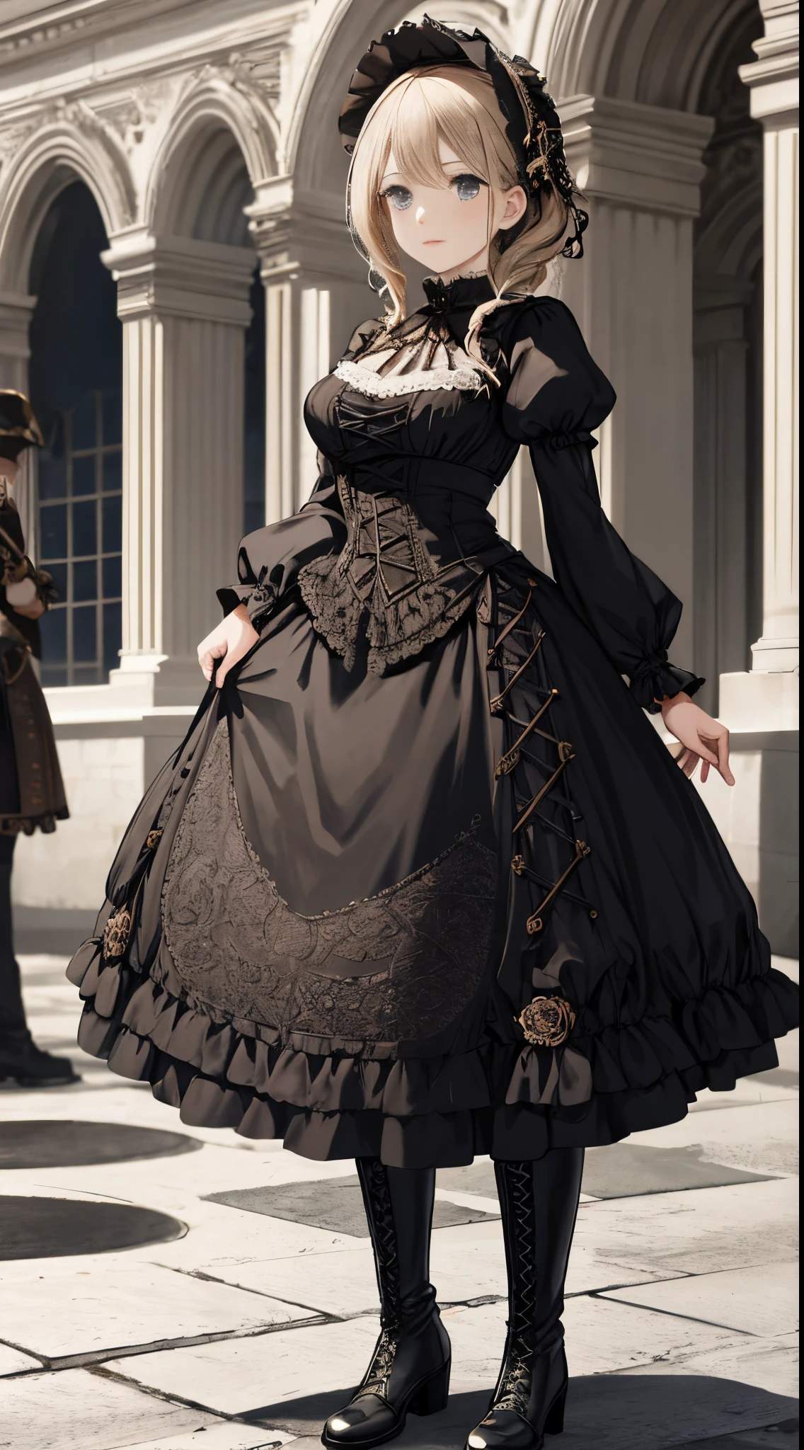 A woman in a dress and boots is standing in front of a building, baroque dress, in detailed steampunk dress, an elegant gothic princess, victorian gothic lolita fashion, Historical Baroque Dress Dark, black gothic lolita dress, fantasy style clothing, rococo dress, black rococo, classical witch, fantasy outfit, wearing a gothic dress, romantic dress, gothic dress