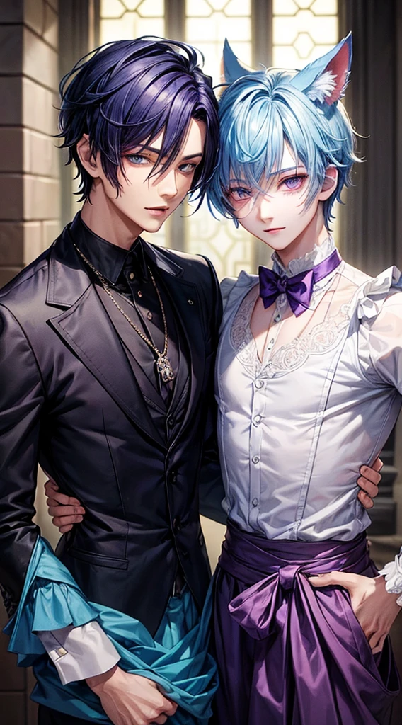 masterpiece, top-quality, 2Others, Male couple, 1 man and 1,, Adults, Height difference, different fashion, different color, finely eye and detailed face, intricate detailes, Black Butler Fashion, Modern cityscape, A smile, Happiness, tenderness, queers, Boys Love, high-level image quality、 Two beautiful men、tall、The upper part of the body、nightfall、nighttime scene、𝓡𝓸𝓶𝓪𝓷𝓽𝓲𝓬、Korean Male, k pop, Professional Photos, Vampires, Fedoman with necklace, inspired by Sim Sa-jeong, androgynous vampire, :9 detailed face: 8, extra detailed face, detailed punk hair, ((eyes are brown)) baggy eyes, Seductive. Highly detailed, semi realistic anime, Vampire butler, hyper realisitic , delicate androgynous prince, imvu, short hair above the ears, Man with short hair, With a man with bright purple hair with a wild expression, Man with light blue hair with gentle expression, With a man with bright purple hair beast ears, Man with light blue hair and beast ears, Two males with animal ears