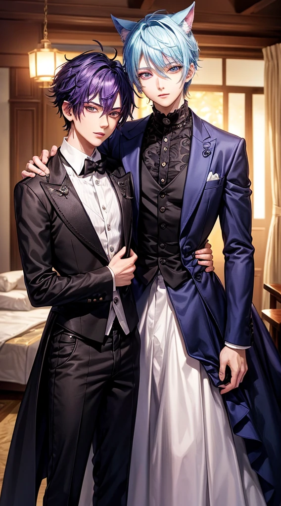 masterpiece, top-quality, 2Others, Male couple, 1 man and 1,, Adults, Height difference, different fashion, different color, finely eye and detailed face, intricate detailes, Black Butler Fashion, Modern cityscape, A smile, Happiness, tenderness, queers, Boys Love, high-level image quality、 Two beautiful men、tall、The upper part of the body、nightfall、nighttime scene、𝓡𝓸𝓶𝓪𝓷𝓽𝓲𝓬、Korean Male, k pop, Professional Photos, Vampires, Fedoman with necklace, inspired by Sim Sa-jeong, androgynous vampire, :9 detailed face: 8, extra detailed face, detailed punk hair, ((eyes are brown)) baggy eyes, Seductive. Highly detailed, semi realistic anime, Vampire butler, hyper realisitic , delicate androgynous prince, imvu, short hair above the ears, Man with short hair, With a man with bright purple hair with a wild expression, Man with light blue hair with gentle expression, With a man with bright purple hair beast ears, Man with light blue hair and beast ears, Two males with animal ears