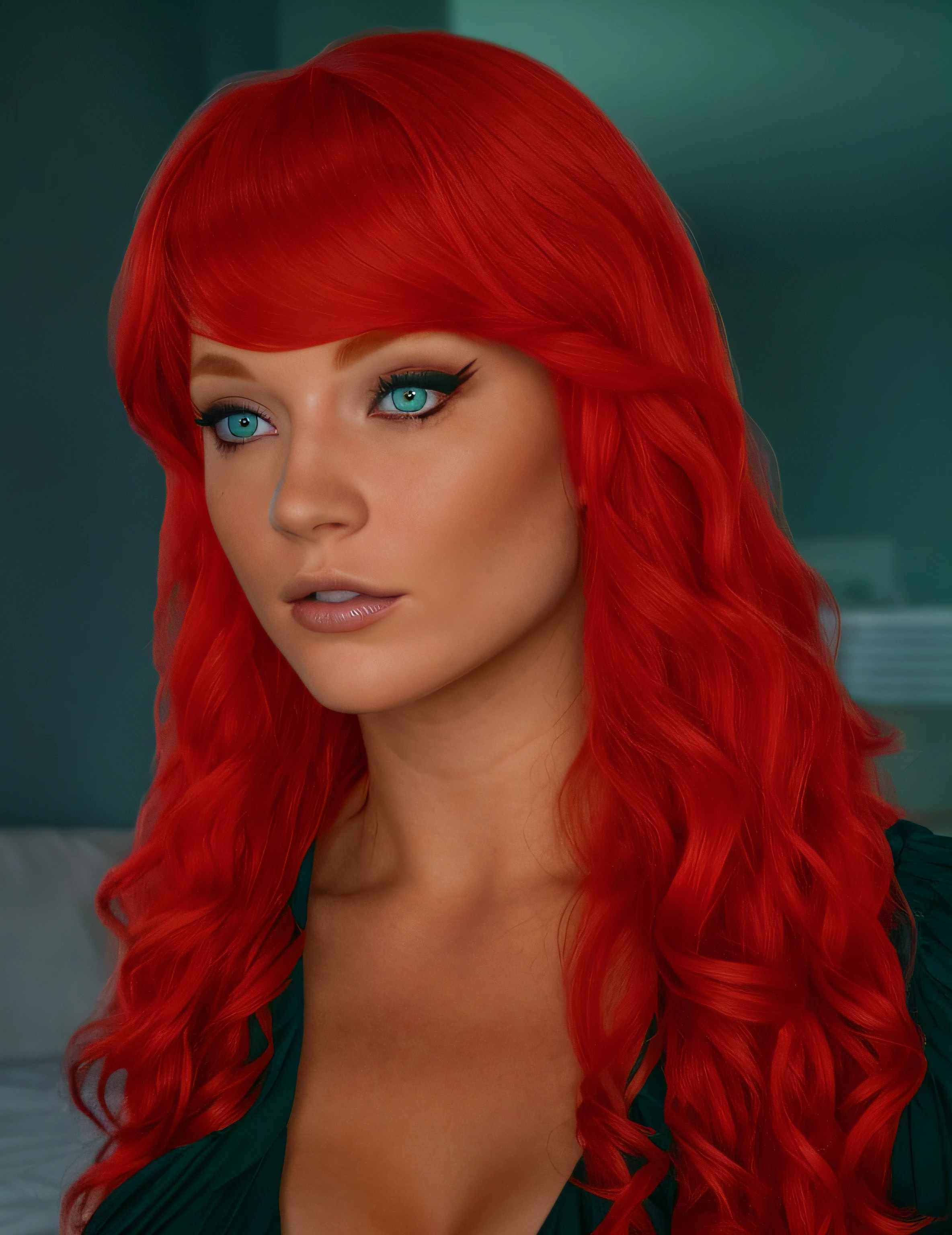 there is a 3d image of a woman with red hair, with red hair and green eyes, red wig, red glowing hair, crimson red hair and red eyes, red haired goddess, sultry digital painting, with long red hair, with curly red hair, red hair girl, second life avatar, daz studio genesis iray female, with red hair, red haired girl