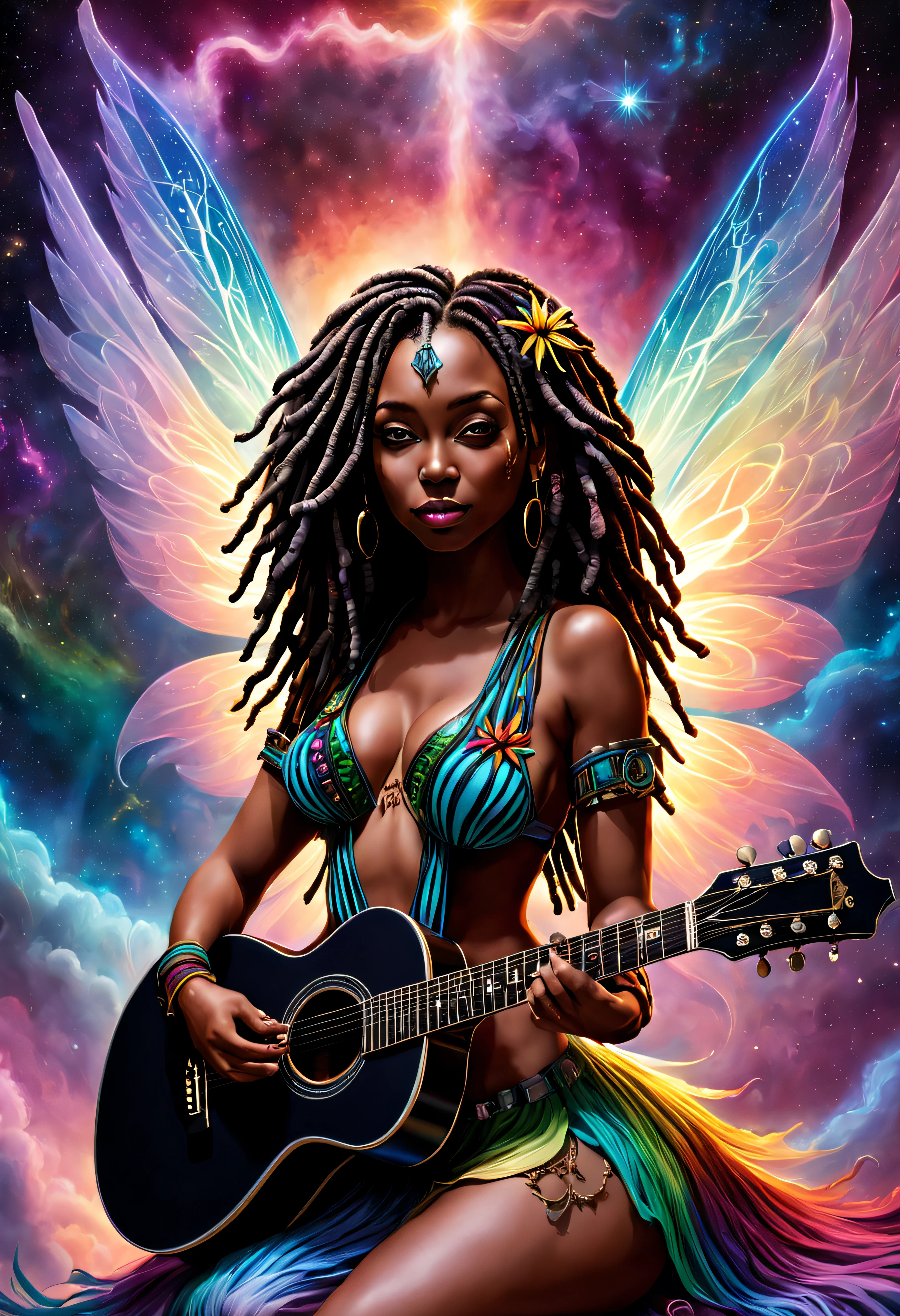 uma mulher negra rastafari com dreadlocks tocando guitarra e sorrindo, baby fairy zebra, symetrical wings, nebula, cores cintilantes, roxo e azul, altamente detalhado, beautiful lighting, Ethereal, mistic, 8k, cores vibrantes, Beautiful retro lighting