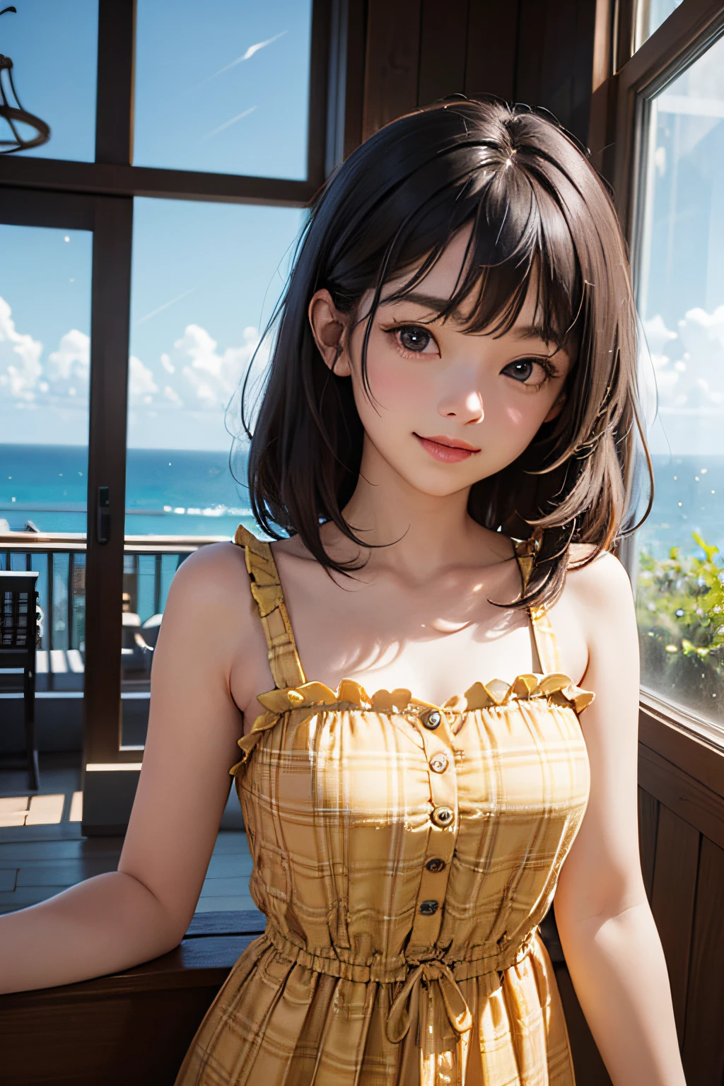 see -through、a beauty girl、japanes、20yr old、Live action、Smiled、Brown-beige hair、Semi-long hair、Black eyes、Small bust、sand beach、Yellow-green swimsuit、