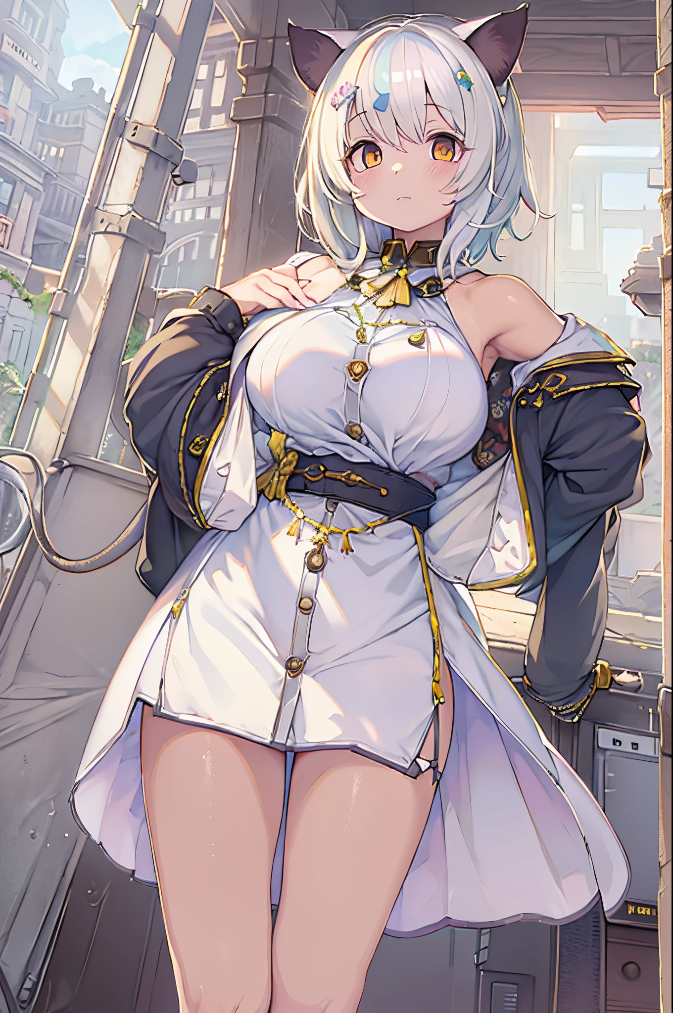 1girl in, Evenya, Looking at Viewer, White hair, Someone, Cat ears, Cat tail, White shirt, Open your clothes, Russia City, Bashiroko