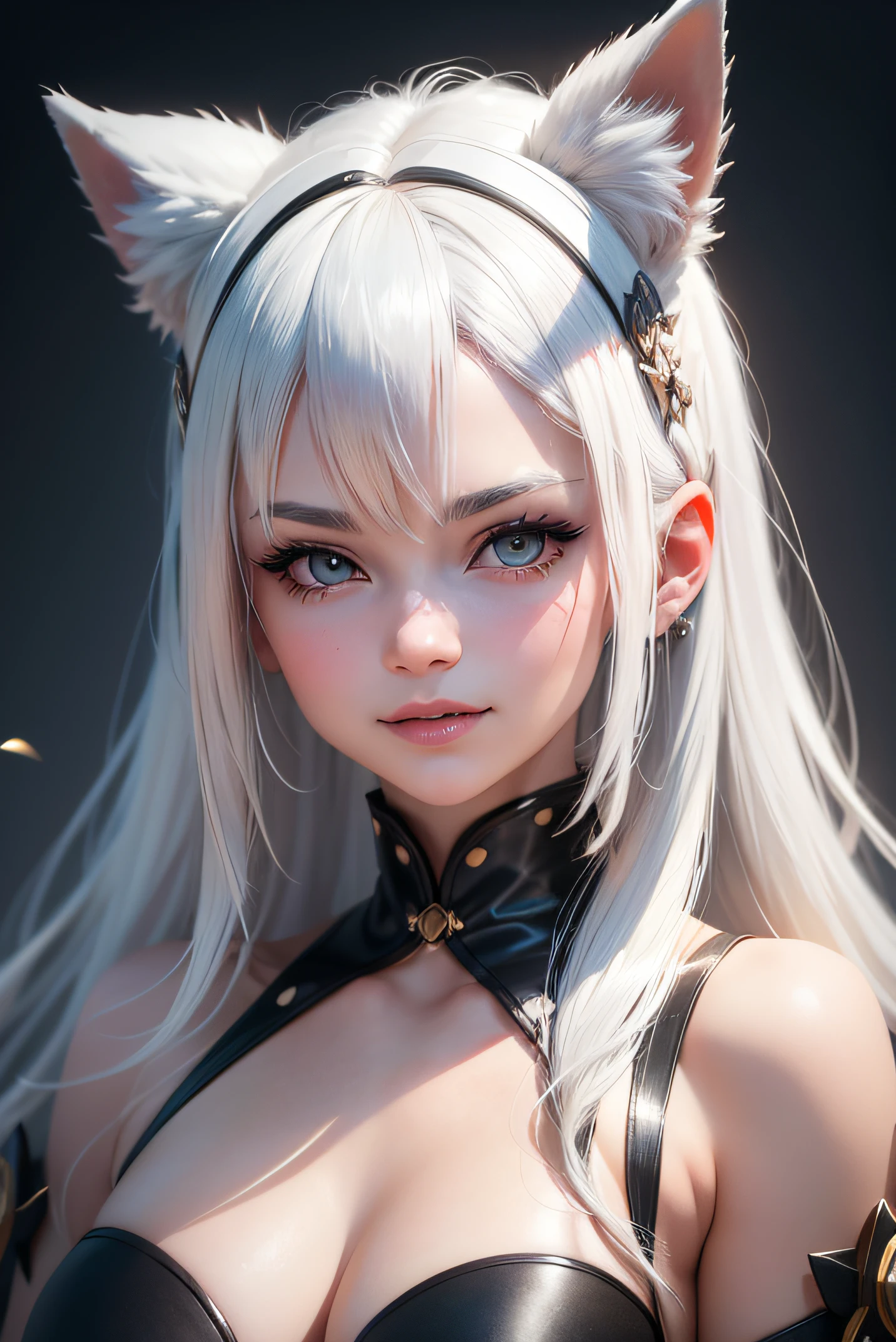 pretty girl white hair, hair bobbles, wince, longeyelashes, solid circle eyes, fake animal ears, light smile, ear blush, fang, Surrealism, drop shadow, anaglyph, stereogram, tachi-e, pov, atmospheric perspective, American propaganda poster, backlighting, 8k, super detail, ccurate, best quality, textured skin, super detail, high details, highres, anatomically correct