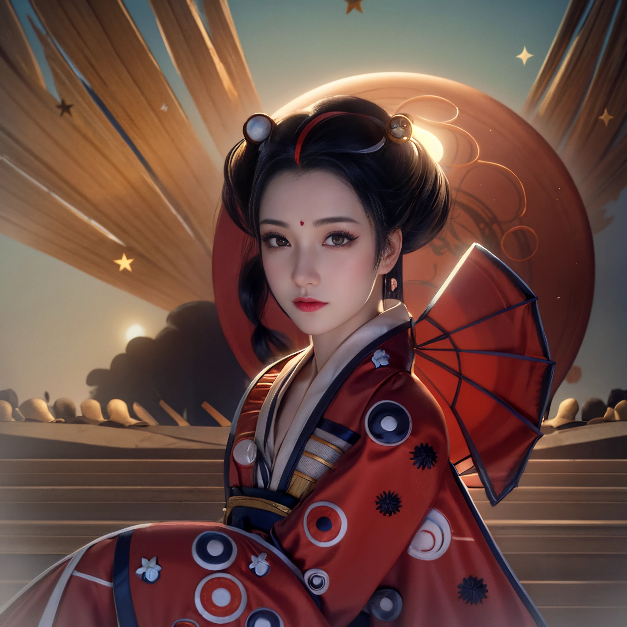 There is a geisha, with full lips, beautiful eyes, large and firm breasts, wearing a blue kimono with embroidered flowers, posing, and a giant moon behind her shines, in digital realistic illustration style, Geisha portrait, Beauty Geisha, geisha cute, Japanese geisha, Realistic portrait of a beautiful geisha, a beautiful realistic art, realistic female geisha girl, inspired by stunning realistic art (Woman with (Textures!, hair!, shine, Color!!, imperfections: 1.1), highly detailed glowing eyes, (looking at camera), specular lighting, DSLR, Ultra Quality, sharp focus, Sharp tacho, DOF, filmic grain , (Center), Fujifilm XT3, Crystal clear, center of frame, beautiful face, sharp focus, Intricate eye detail.