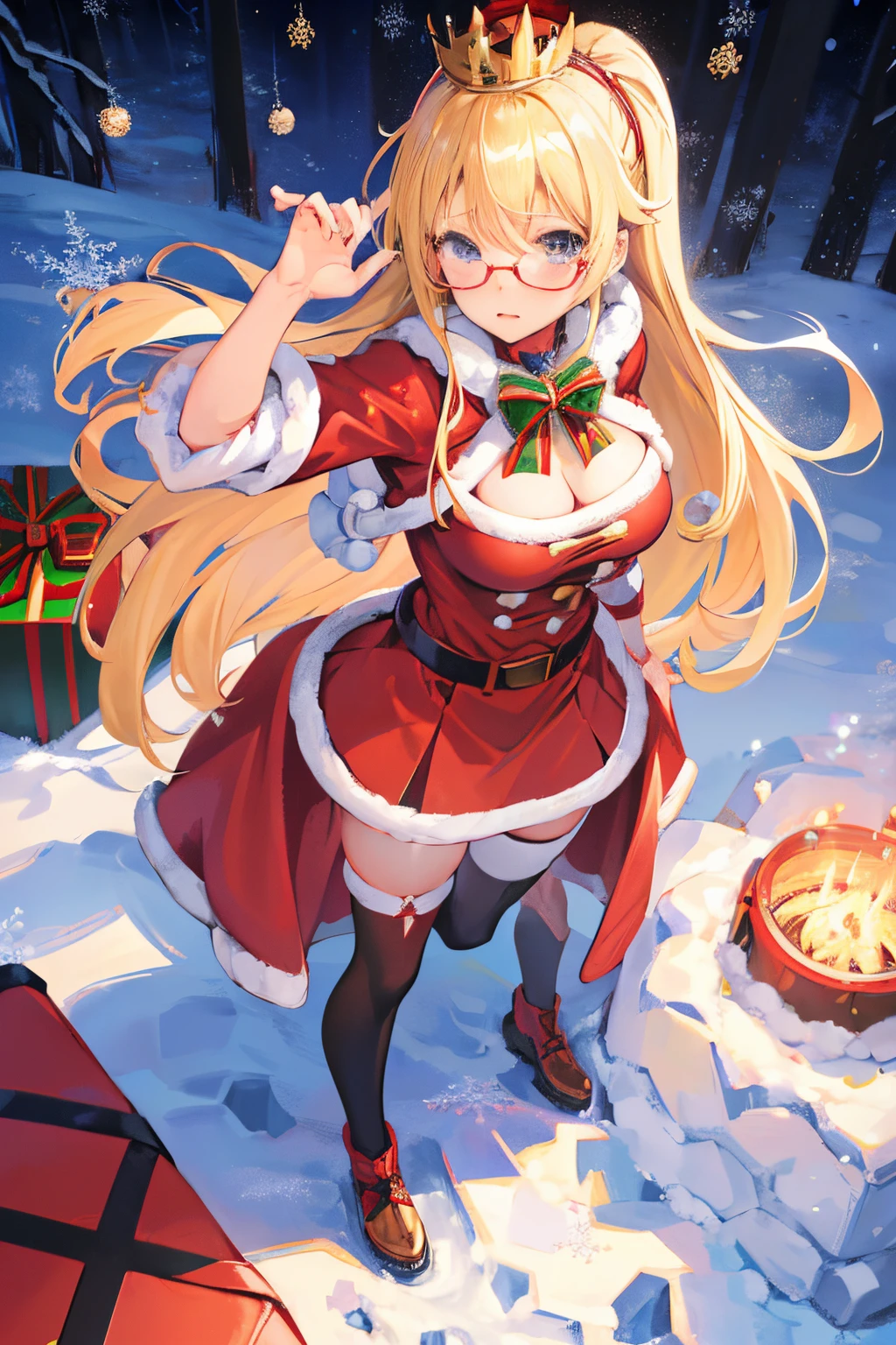 "anime girl, 1 person, bright blonde hair, glasses, crown on head, santa shirt, santa suit, winter suit, winter dress, red dress, big breasts, stockings, standing cross legs, character perspective, snowfall, christmas gift box, christmas, solo, (full HD 4K+ image)"