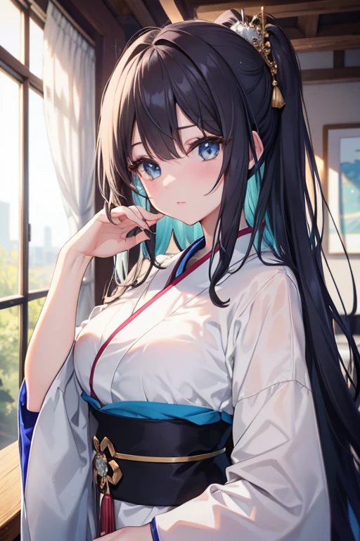 (ultra-detailed:1.3, master piece:1.3, best quality:1.3, high resolution:1.3) a girl, beautiful face, 18year old, beautiful breasts, thin waist, long black hair, jade eyes, eyes in highlight, catch light eyes, specular highlight eyes, Abstract blue and light blue simple gradient white yukata, anime