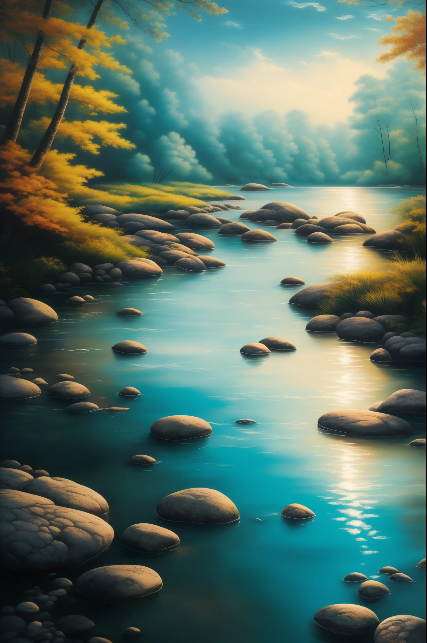 paint an 8k oil painting representing "still waters run deep". Use a variety of techniques and elements to convey the contrast and complexity of the water and its underlying meaning. Apply thin layers of transparent paint on a dried surface to achieve depth and subtlety. Create strong contrasts between light and dark areas to add drama and emphasis. Blend colors and edges to create a soft and mysterious effect. Include reflections, objects, and colors that depict the personality or situation of the subject, symbolizing the profound and abundant nature of water. Your painting should capture the tranquility and serenity of the water, while also expressing the hidden secrets and unexpected revelations that lie beneath. Implement glazing, chiaroscuro, and sfumato techniques as part of your artistic approach.