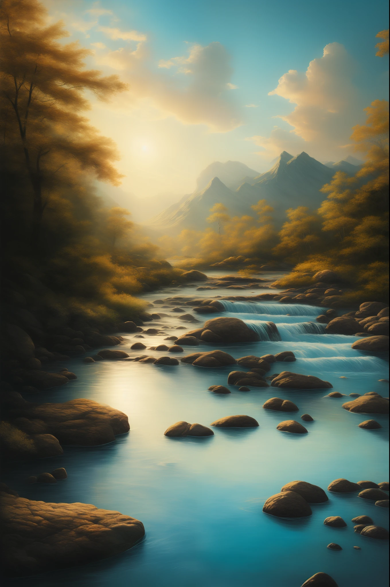 paint an 8k oil painting representing "still waters run deep". Use a variety of techniques and elements to convey the contrast and complexity of the water and its underlying meaning. Apply thin layers of transparent paint on a dried surface to achieve depth and subtlety. Create strong contrasts between light and dark areas to add drama and emphasis. Blend colors and edges to create a soft and mysterious effect. Include reflections, objects, and colors that depict the personality or situation of the subject, symbolizing the profound and abundant nature of water. Your painting should capture the tranquility and serenity of the water, while also expressing the hidden secrets and unexpected revelations that lie beneath. Implement glazing, chiaroscuro, and sfumato techniques as part of your artistic approach.