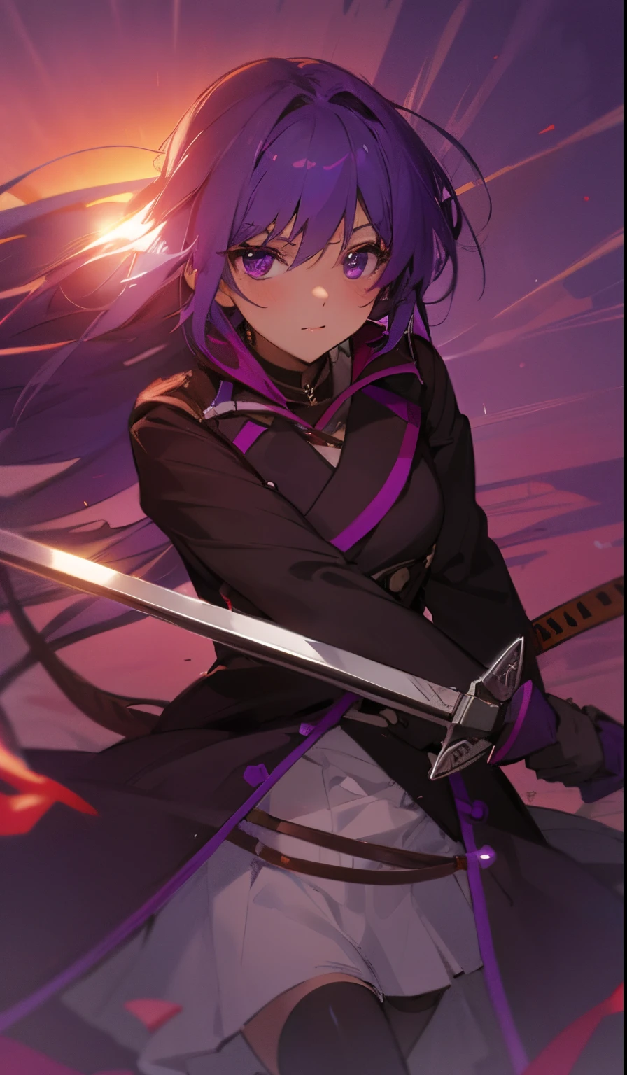 Purple colored hair，purpleeyes，sandbeach，Seafront，the sunset