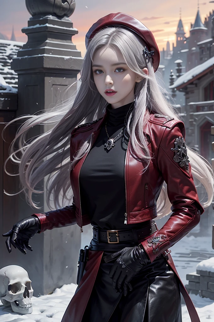 full body Esbian, of the highest quality, Intricately detailed skins, Shiny skin, Shiny hair, pale complexion,Big breasts), Red sky, Continuous snow, Castle terrace, ((Skull Mark)), ambitious, Seductive Woman, Gray hair, Long hair, Hair fluttering in the wind, Skull mask on half of the face, Detailed tattoos, Red leather clothes, Red sleeveless clothes, Red leather coat, Black leather gloves, Solid Gold Bracelet, leather skirt red skirt, , Small hat, (Leather Belt), Look far away