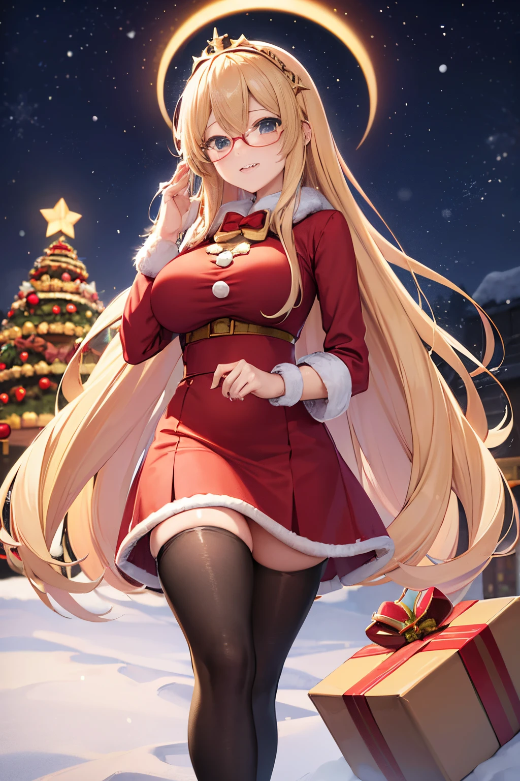 "anime girl, 1 person, bright blonde hair, glasses, crown on head, santa shirt, santa suit, winter suit, winter dress, red dress, big breasts, stockings, standing  cross legs, character perspective, snowfall, christmas gift box, christmas, solo, (full HD 4K+ image)"