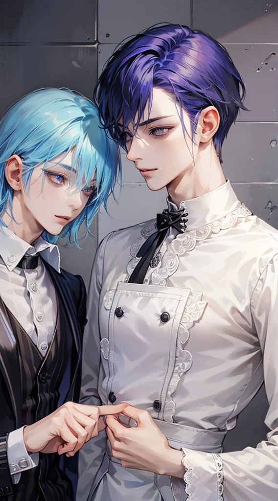 ​masterpiece, top-quality, 2Others, Male couple, 1 man and 1,, Adults, Height difference, different fashion, different color, finely eye and detailed face, intricate detailes, Black Butler Fashion, Modern cityscape, A smile, Happiness, tenderness, queers, Boys Love, high-level image quality、 Two beautiful men、tall、The upper part of the body、nightfall、nighttime scene、𝓡𝓸𝓶𝓪𝓷𝓽𝓲𝓬、Korean Male, k pop, Professional Photos, Vampires, Fedoman with necklace, inspired by Sim Sa-jeong, androgynous vampire, :9 detailed face: 8, extra detailed face, detailed punk hair, ((eyes are brown)) baggy eyes, Seductive. Highly detailed, semi realistic anime, Vampire butler, hyper realisitic , delicate androgynous prince, imvu, short hair above the ears, Man with short hair, With a man with bright purple hair with a wild expression, Man with light blue hair with gentle expression, With a man with bright purple hair beast ears, Man with light blue hair and beast ears, Two males with animal ears