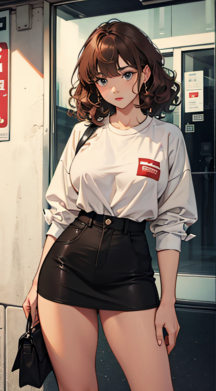 curly brown hair girl, big breast, casual clothes, charming expression, she beautiful, 4k, full hd, high quality