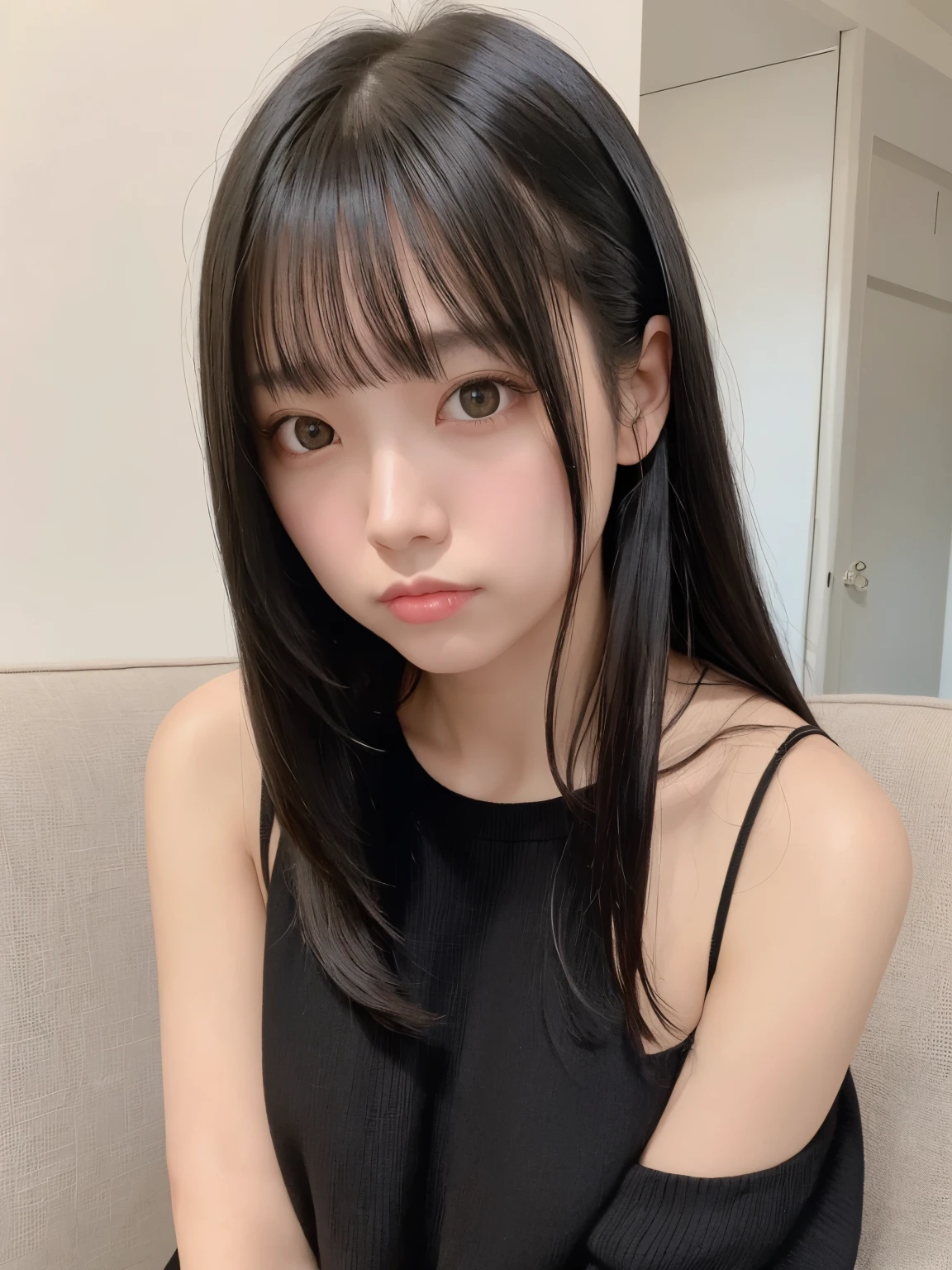 masterpiece, best quality,1girl, solo, black hair, realistic, long hair, black eyes, sweater, bare shoulders, bangs, couch, closed mouth, upper body, hime cut
