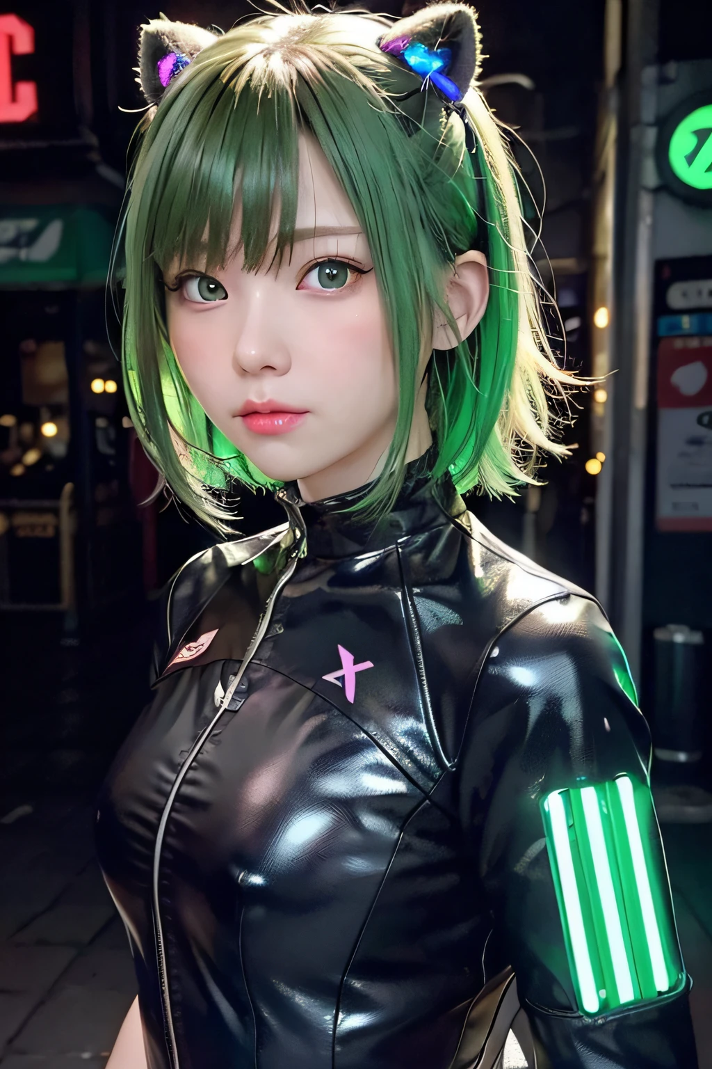 Neon Noir Beautiful Female Semi Robot,Looking at Viewer, . Cyberpunk, Dark, Back alley, neon signs, High contrast, low illuminance, Vibrant, Highly detailed, Green Ash Hair Color, Luminous Eyes、Loli with an face、Slimed、flat body、