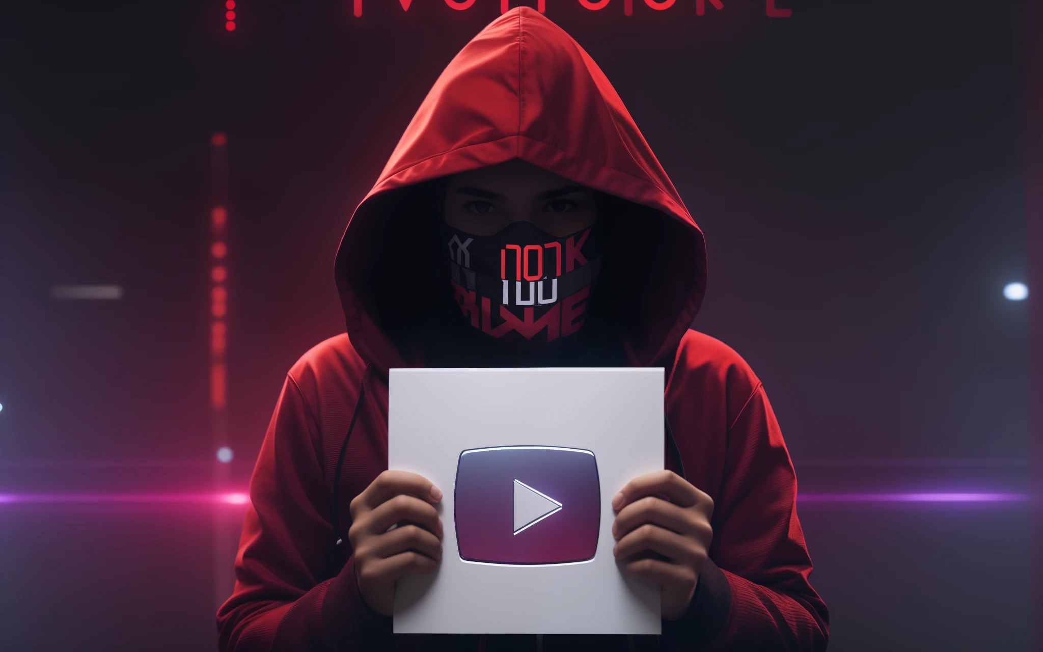 someone in a red hoodie holding a white sign with a video icon, youtuber, Videoclipe oficial, official fan art, , foto de perfil 1024px, 4 k post, Postagem 4k, Enigmatic!!,  8k, ULTRARREALISTA, Escuro
