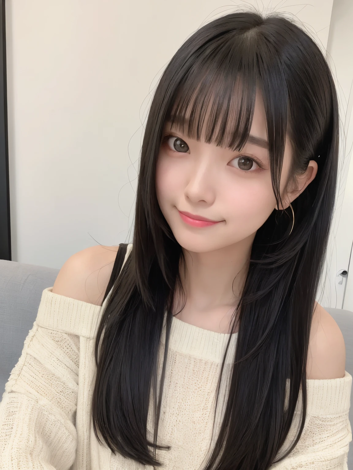 masterpiece, best quality,1girl, solo, black hair, realistic, long hair, sweater, bare shoulders, bangs, couch, closed mouth, upper body, hime cut, smile