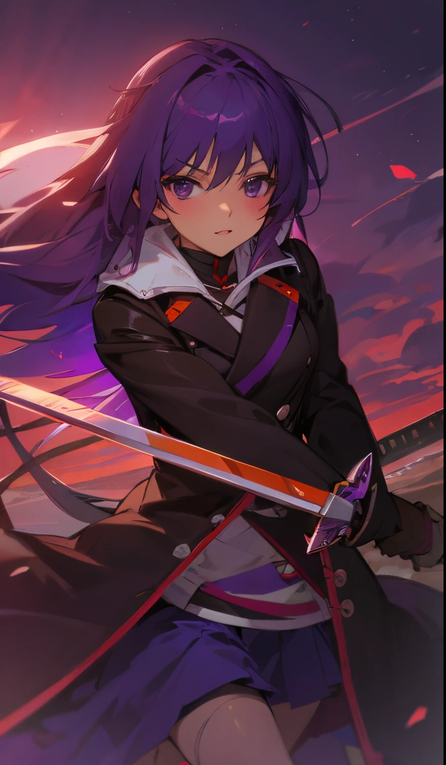 Purple colored hair，purpleeyes，sandbeach，Seafront，the sunset