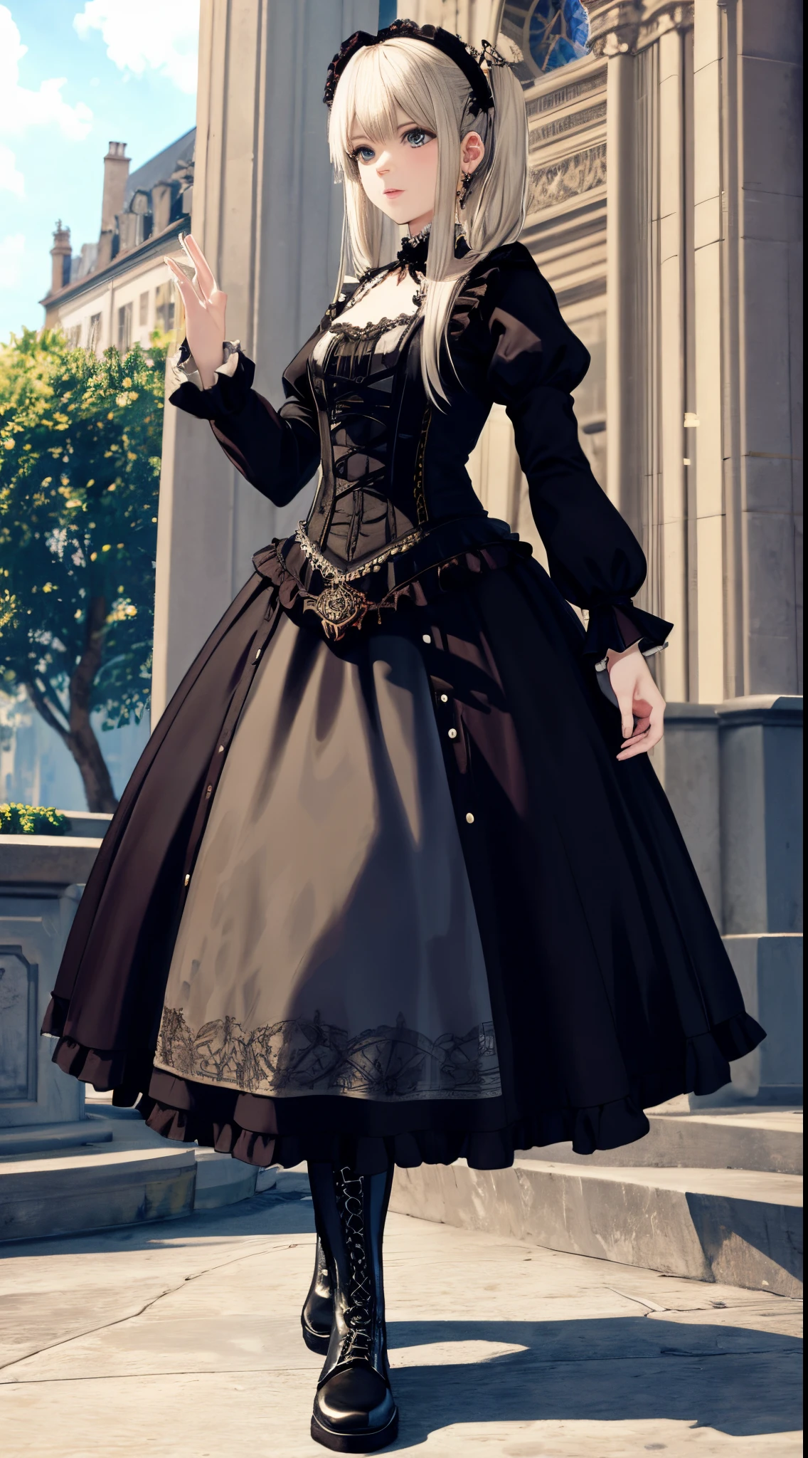 A woman in a dress and boots is standing in front of a building, baroque dress, in detailed steampunk dress, an elegant gothic princess, victorian gothic ta fashion, Historical Baroque Dress Dark, black gothic loliress, fantasy style clothing, rococo dress, black rococo, classical witch, fantasy outfit, wearing a gothic dress, romantic dress, gothic dress