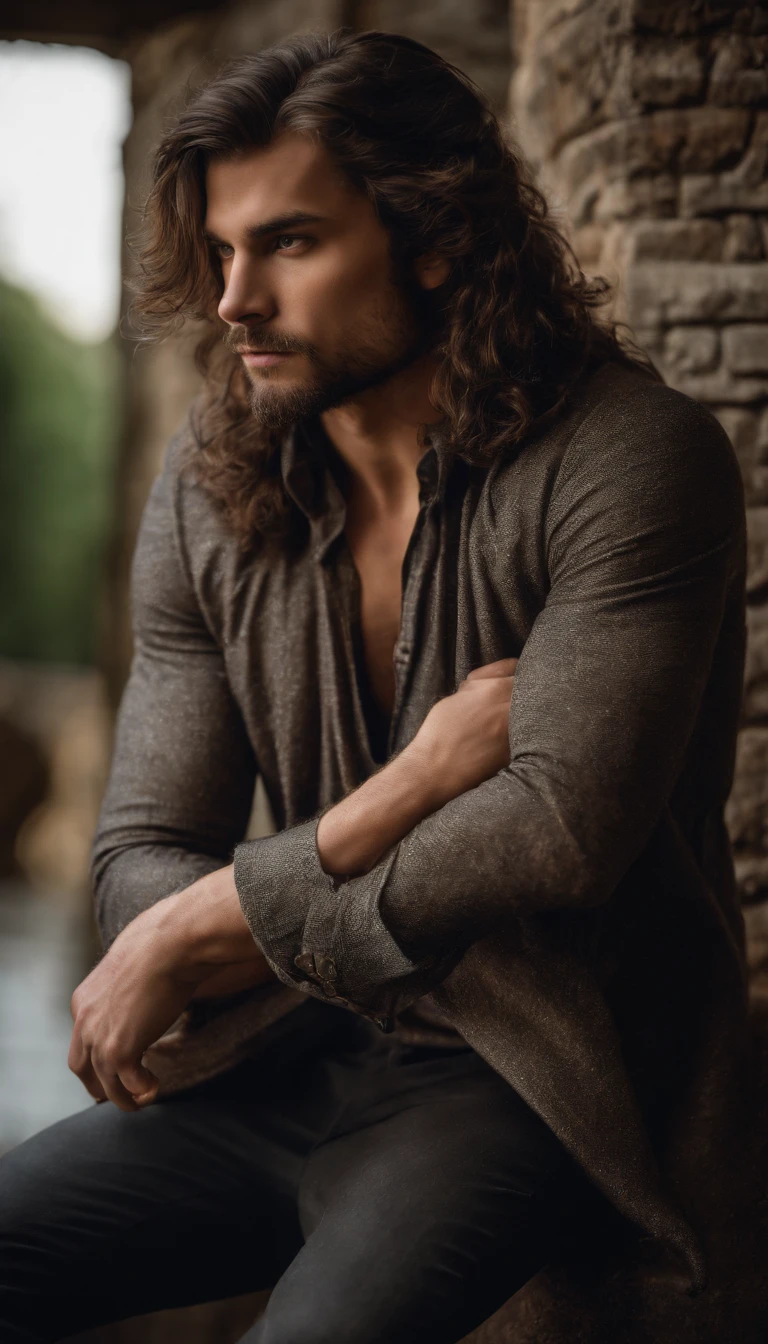 Portrait of a handsome, bearded male model, 19 years old, open shirt, commoner attire, Regency Era, with long messy dark wavy hair, super clear blue eyes, thick lips, defined muscles, fit, ripped body, portrait shot full body, ultra highest detailed face, dramatic lighting, dim light, soft bokeh
