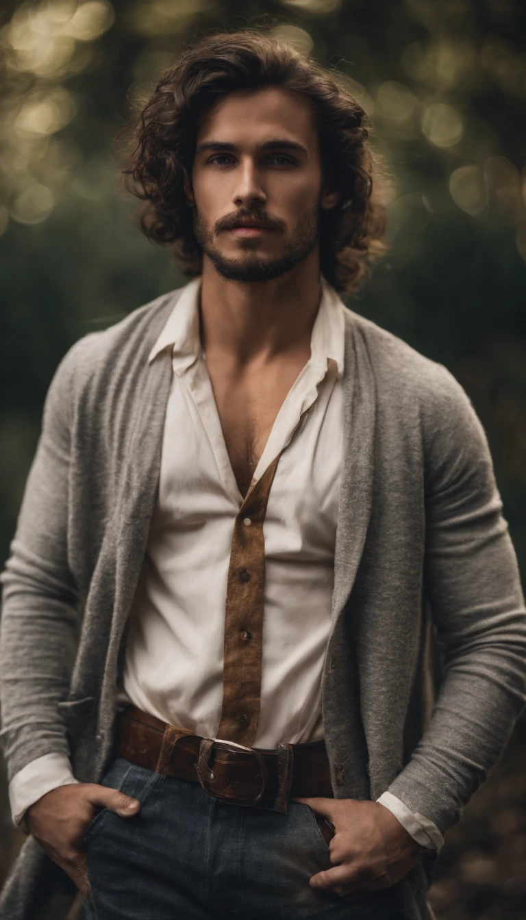 Portrait of a handsome, bearded male model, 19 years old, open shirt, commoner attire, Regency Era, with long messy dark wavy hair, super clear blue eyes, thick lips, defined muscles, fit, ripped body, portrait shot full body, ultra highest detailed face, dramatic lighting, dim light, soft bokeh