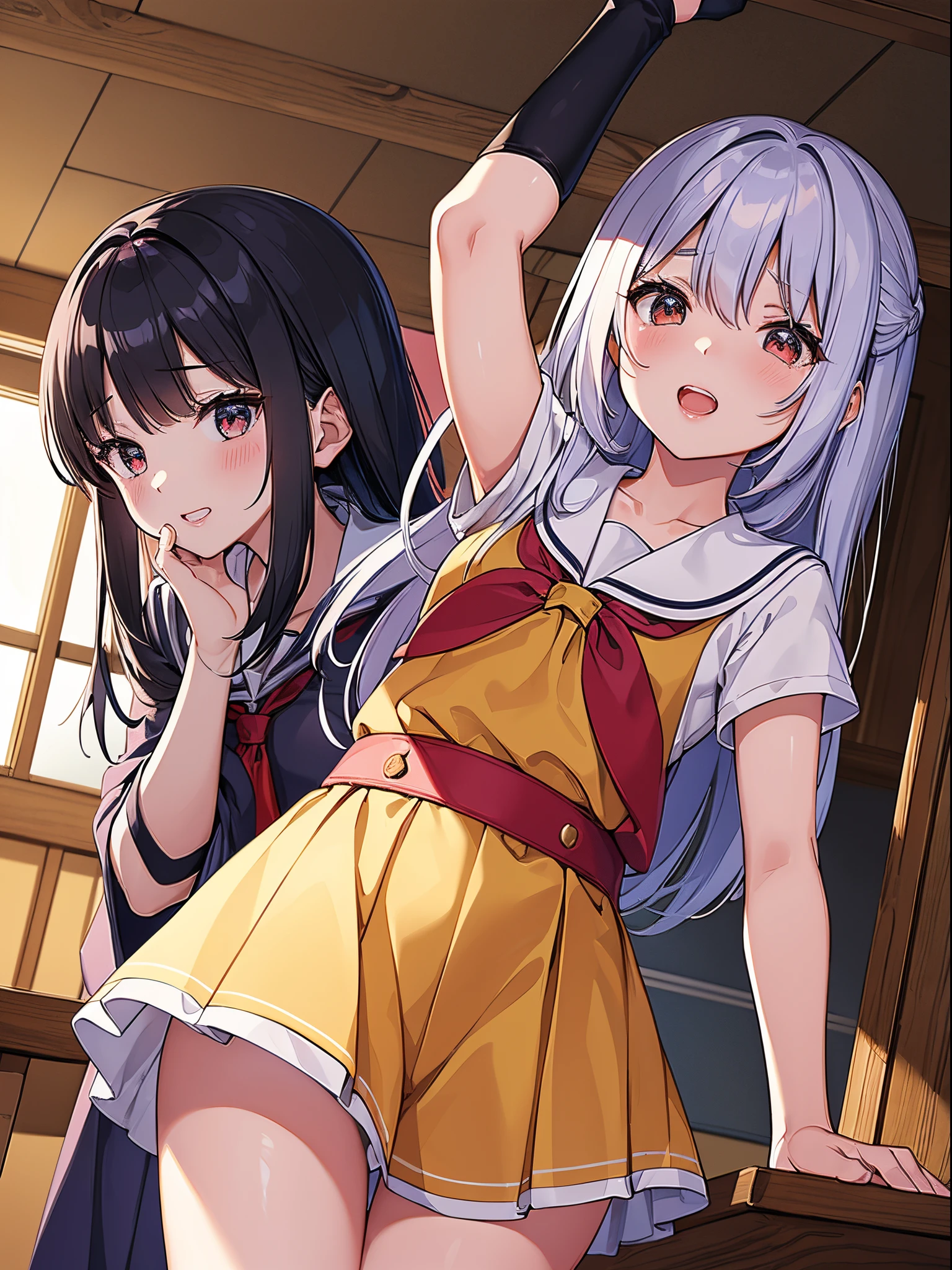 ((a colorful))、(top-quality、hight resolution、masterpiece:1.2)。golden skin、silber hair、hi-school girl、Odango Hair、accessorized、droopy eyebrows、double tooth、canine teeth、Fleshy lips、well-muscled、After-school classroom、red blush、gals、Background with:Lively scenery at the school festival、Backgrounds with depth