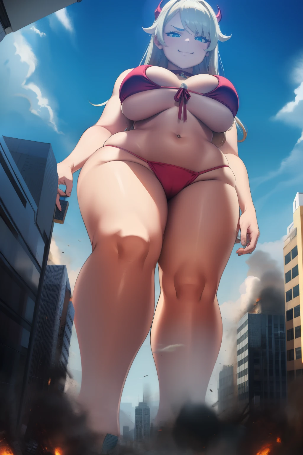 GTS, giantess, bikini, curvy, busty, smirk, evil, thick thighs, walking, stepping, rampage