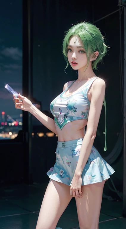 Girl YouTuber,(((1girl in))),((Very cute and beautiful green curly girl)),
(short chest:1.4),(((Green curly hair:1.35,Very curly hair,Colored inner hair,Ear breathing,Short hair))),(((Green eyes:1.3))),intricate eyes,Beautiful detailed eyes,Symmetrical eyes)),(((Lustrous skin:1.5,bright skin: 1.5,skin tanned,Shiny skin,Very shiny skin,Shiny body,plastic glitter skin,exaggerated shiny skin,Illuminated skin,Wet legs))),delicate detailed fingers,Detailed body,Human Hands,(Detailed face),
Cute,sluttish,Seductive,Erotic,(((NSFW))),
zettai ryouiki,Revealing clothing,Show skin,((Rave Miniskirt,Visible lace strap,White loose tank top with pop art print)),((Wet clothes,complex costume,intricate clothing)),
(Dynamic Pose:1.0),embarrassed,(Centered,scale to fit the dimensions,thirds rule),
Cyberpunk city by the sea at night, Bright neon sign and dark storm clouds and puddles, Scenery:1.25,(Cyberpunk:1.4),
Unreal Engine:1.4,nffsw,best qualtiy:1.4, Photorealista:1.4, Skin texture:1.4, masterpiece:1.8,hight resolution, Sharp Focus, (ultra-detailliert, Extremely detailed), (Photorealistic artwork:1.37),(the Extremely Detailed CG Unity 8K Wallpapers),((Synthwave Background Theme)),(((Vibrant colors))),(Intricate background),(masutepiece),(Best Quality),