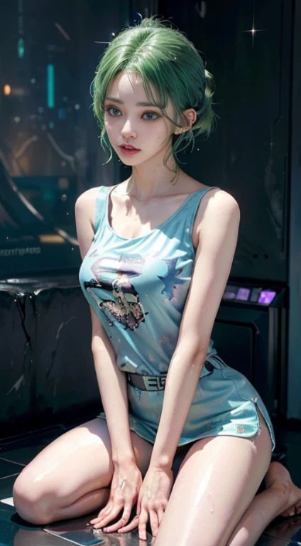Girl YouTuber,(((1girl in))),((Very cute and beautiful green curly girl)),
(short chest:1.4),(((Green curly hair:1.35,Very curly hair,Colored inner hair,Ear breathing,Short hair))),(((Green eyes:1.3))),intricate eyes,Beautiful detailed eyes,Symmetrical eyes)),(((Lustrous skin:1.5,bright skin: 1.5,skin tanned,Shiny skin,Very shiny skin,Shiny body,plastic glitter skin,exaggerated shiny skin,Illuminated skin,Wet legs))),delicate detailed fingers,Detailed body,Human Hands,(Detailed face),
Cute,sluttish,Seductive,Erotic,(((NSFW))),
zettai ryouiki,Revealing clothing,Show skin,((Rave Miniskirt,Visible lace strap,White loose tank top with pop art print)),((Wet clothes,complex costume,intricate clothing)),
(Dynamic Pose:1.0),embarrassed,(Centered,scale to fit the dimensions,thirds rule),
Cyberpunk city by the sea at night, Bright neon sign and dark storm clouds and puddles, Scenery:1.25,(Cyberpunk:1.4),
Unreal Engine:1.4,nffsw,best qualtiy:1.4, Photorealista:1.4, Skin texture:1.4, masterpiece:1.8,hight resolution, Sharp Focus, (ultra-detailliert, Extremely detailed), (Photorealistic artwork:1.37),(the Extremely Detailed CG Unity 8K Wallpapers),((Synthwave Background Theme)),(((Vibrant colors))),(Intricate background),(masutepiece),(Best Quality),