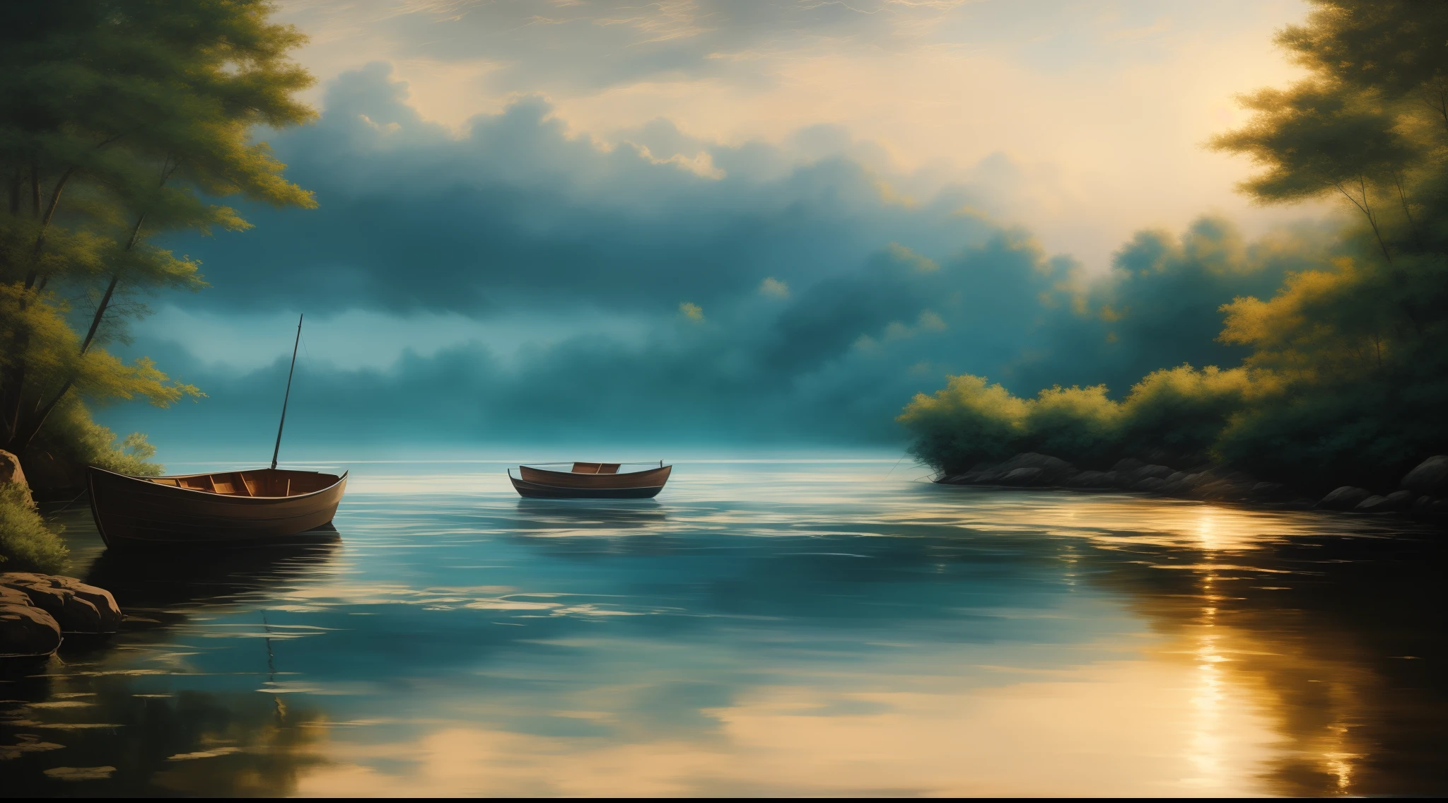 paint an 8k oil painting representing "still waters run deep". Use a variety of techniques and elements to convey the contrast and complexity of the water and its underlying meaning. Apply thin layers of transparent paint on a dried surface to achieve depth and subtlety. Create strong contrasts between light and dark areas to add drama and emphasis. Blend colors and edges to create a soft and mysterious effect. two boats in the water, calm, Include reflections, objects, and colors that depict the personality or situation of the subject, symbolizing the profound and abundant nature of water. Your painting should capture the tranquility and serenity of the water, while also expressing the hidden secrets and unexpected revelations that lie beneath. Implement glazing, chiaroscuro, and sfumato techniques as part of your artistic approach.