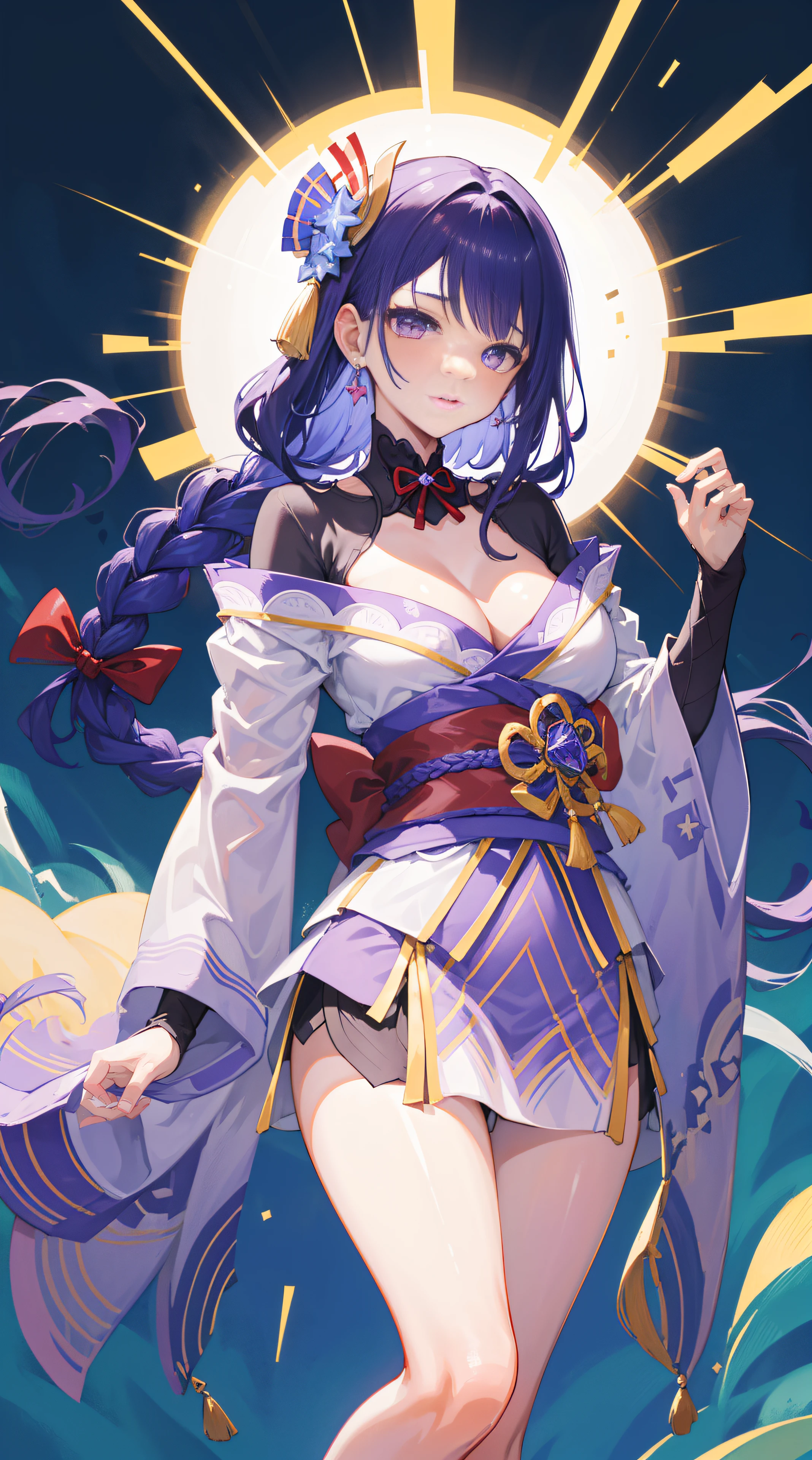 Happy, leges, Japanese temples are of the best quality,tmasterpiece,8k wallpaper:1.2),((pale-skinned)),1 busty girl,Solo woman,((genshin impact_Influencers,Raiden general)),Lightning particles,Purple thunderbolt,Bright background,cherry tree,purple color-theme,Beautiful anime girl with exquisite facial features,Raiden general,Gorgeous long purple hair,rosy lips,Anime mouth,close your mouth,(extremely melancholy expression),Detailed eye diagram,Different actions,The movements are very graceful,realisticlying