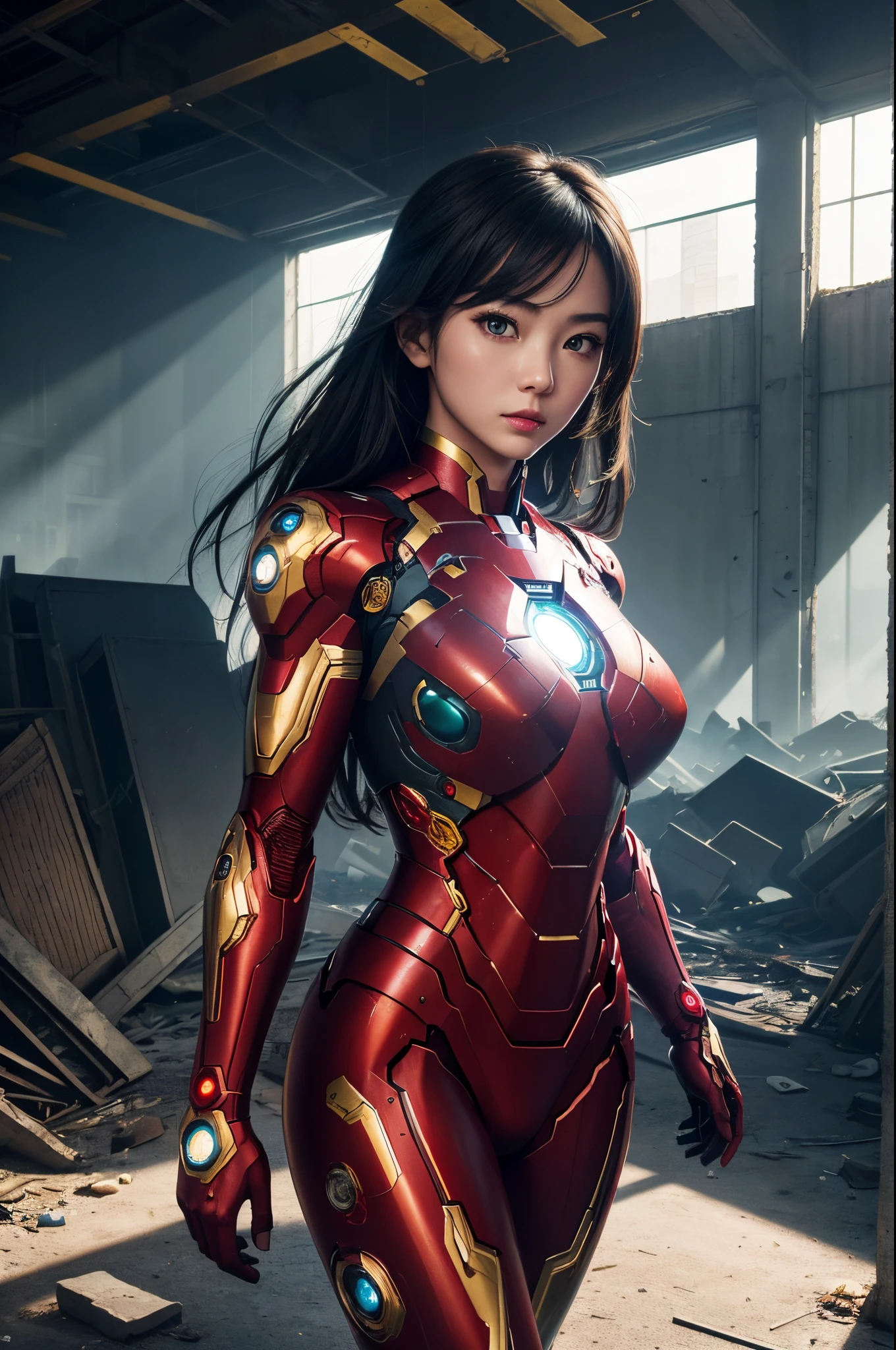 (1girl:1.3), 独奏,__body-parts__, offcial art, 统一 8k 壁纸, ultra - detailed, Beautiful and aesthetic, big breasts beautiful, tmasterpiece, Best quality at best, RAW,tmasterpiece,ultra fine photoest qualtiy,超高分辨率,Photoreality,rays of sunshine,full-body portraits,stunningly beautiful,dynamicposeacing to audience),delicated face,vibrant eyes,,A woman who is,(Wearing a futuristic red and gold Iron Man mechery detailed abandoned warehouse background,detailed face with,opulent,milkyW,tack sharp focus,digital SLR camera,high qulity,filmgrain,White skin of the,photographrealistic,lomography,Huge metropolis in a dystopia of the future , glowing light eyes, Mechanical body and head, There are wires on the head, The content is very detailed, Realistic full body photography, Black & Green, 4K