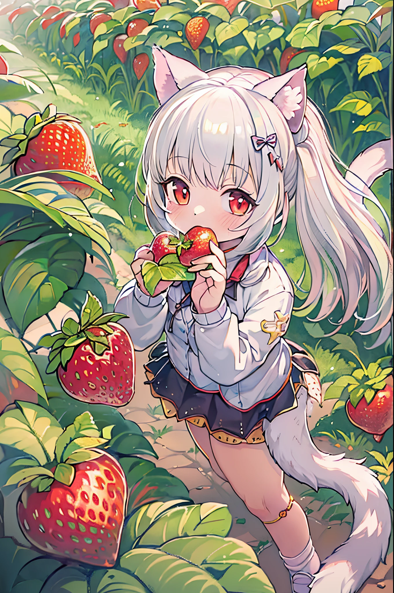 1girl in, Evenya, Looking at Viewer, White hair, Someone, Cat ears, Cat tail, White shirt, Open your clothes, eat strawberries、Strawberry picking、Strawberry farm