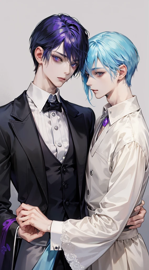 masterpiece, top-quality, 2Others, Male couple, 1 man and 1,, Adults, Height difference, different fashion, different color, finely eye and detailed face, intricate detailes, Black Butler Fashion, Modern cityscape, A smile, Happiness, tenderness, queers, Boys Love, high-level image quality、 Two beautiful men、tall、The upper part of the body、nightfall、nighttime scene、𝓡𝓸𝓶𝓪𝓷𝓽𝓲𝓬、Korean Male, k pop, Professional Photos, Vampires, Fedoman with necklace, inspired by Sim Sa-jeong, androgynous vampire, :9 detailed face: 8, extra detailed face, detailed punk hair, ((eyes are brown)) baggy eyes, Seductive. Highly detailed, semi realistic anime, Vampire butler, hyper realisitic , delicate androgynous prince, imvu, short hair above the ears, Man with short hair, With a man with bright purple hair with a wild expression, Man with light blue hair with gentle expression, With a man with bright purple hair beast ears, Man with light blue hair and beast ears, Two males with animal ears